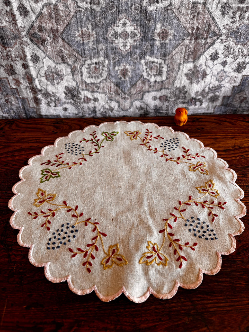 Hand-Embroidered Round Linen Doily with Floral Motifs