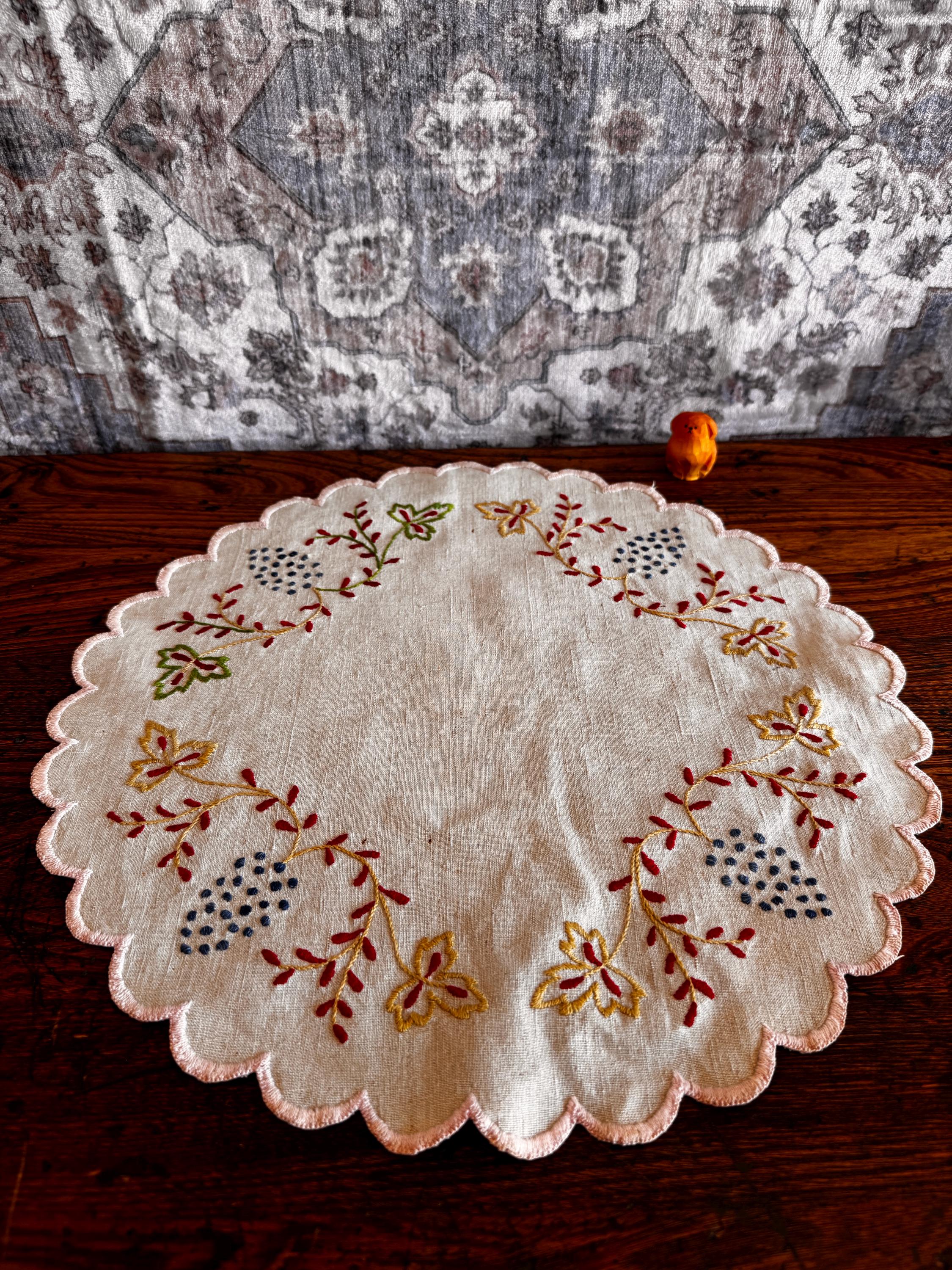 Hand-Embroidered Round Linen Doily with Floral Motifs