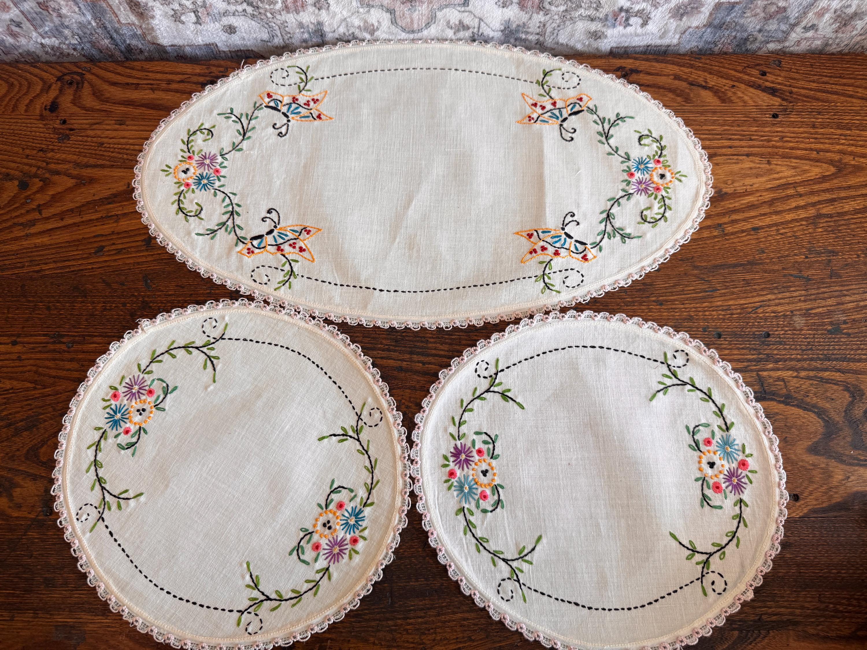 Set of 3 Hand-Embroidered Linen Doilies with Floral and Butterfly Motifs
