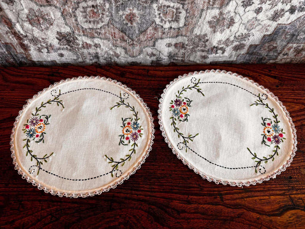 Set of 3 Hand-Embroidered Linen Doilies with Floral and Butterfly Motifs