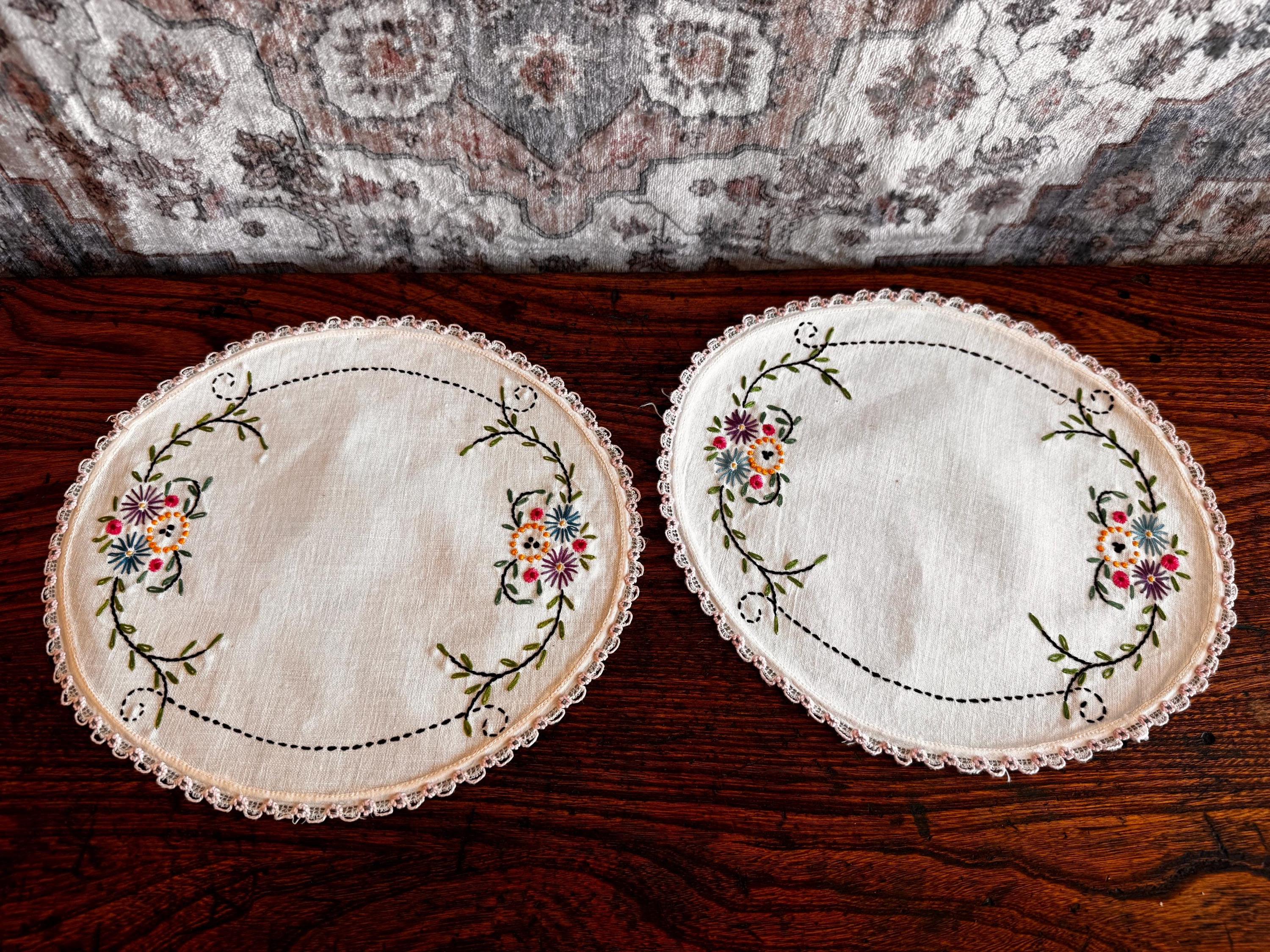 Set of 3 Hand-Embroidered Linen Doilies with Floral and Butterfly Motifs