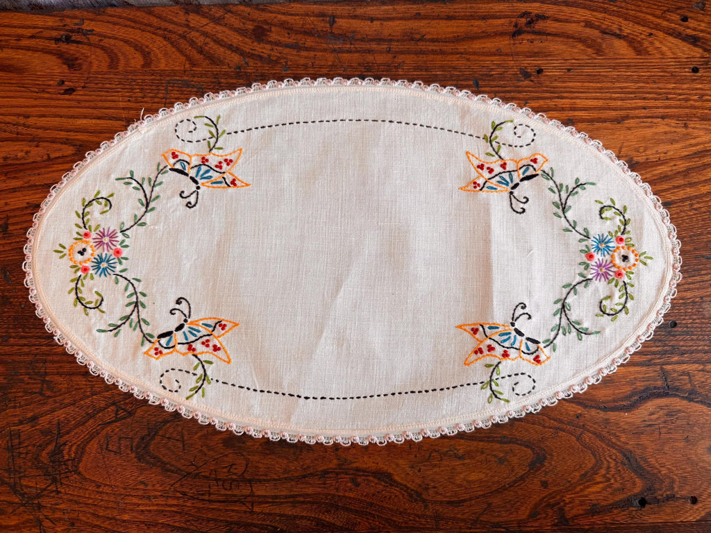 Set of 3 Hand-Embroidered Linen Doilies with Floral and Butterfly Motifs