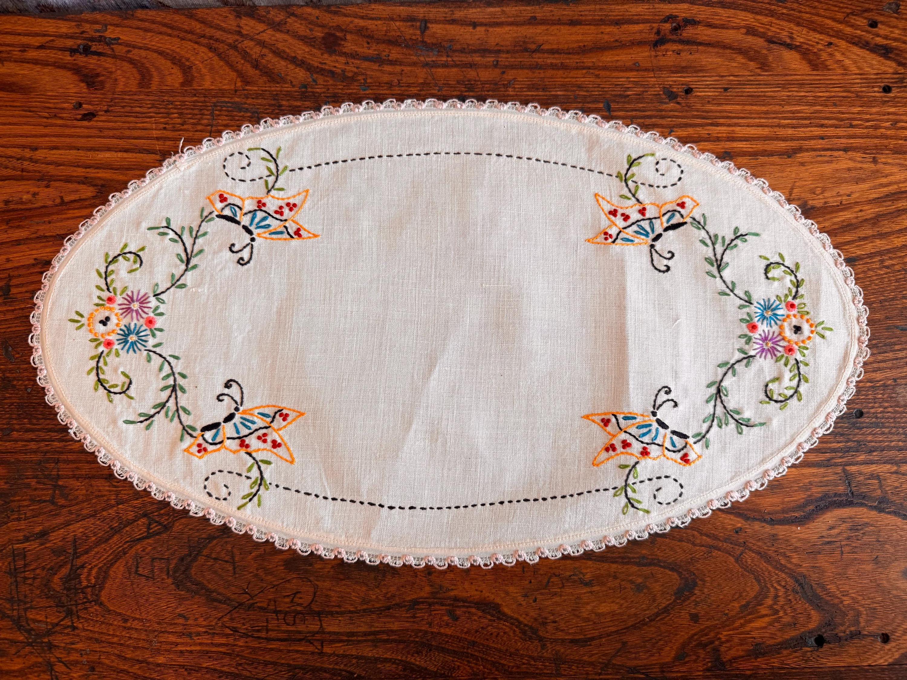 Set of 3 Hand-Embroidered Linen Doilies with Floral and Butterfly Motifs