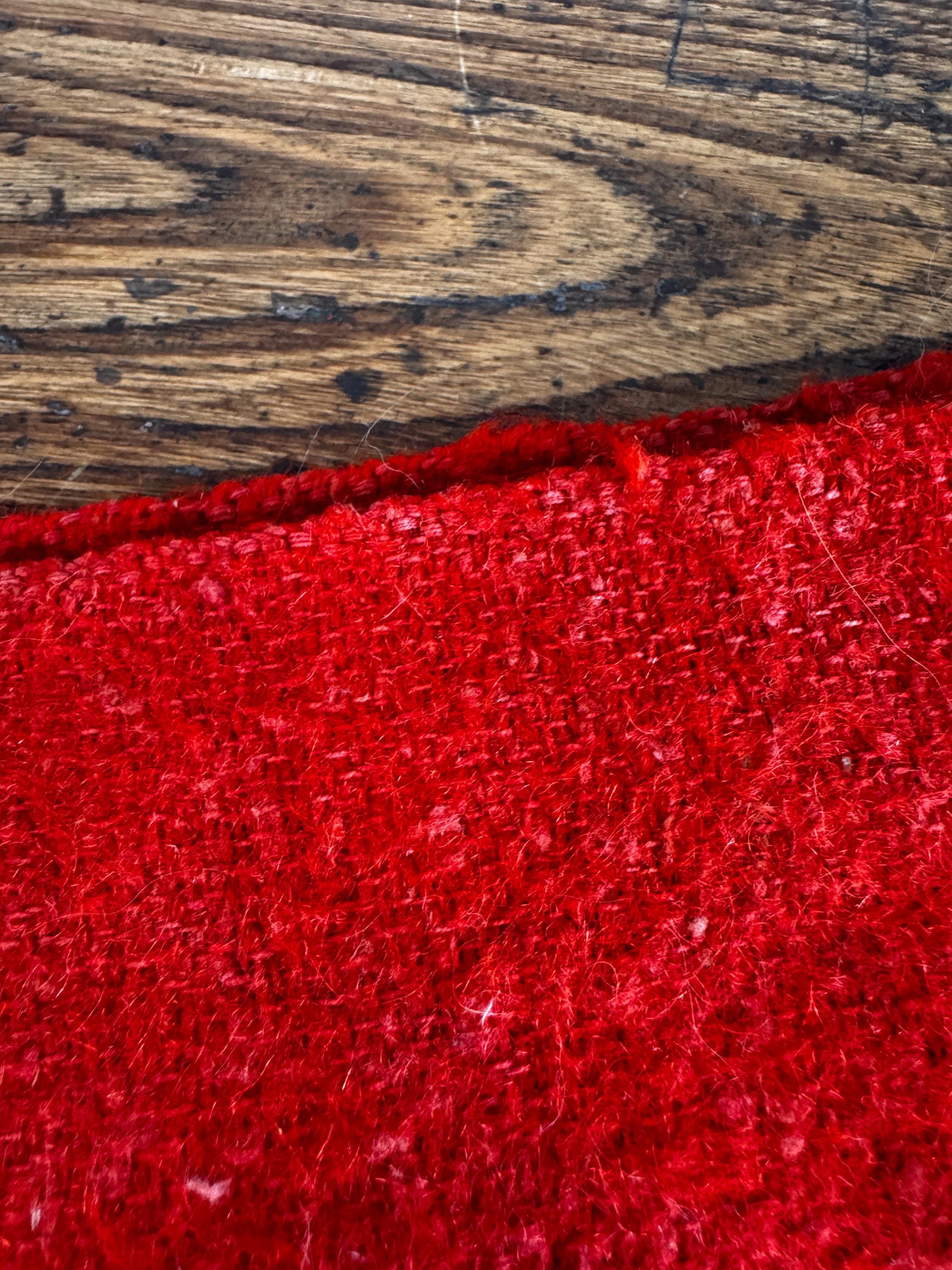 Red Wool Blanket with Black Stripes and Whipstitch Edging