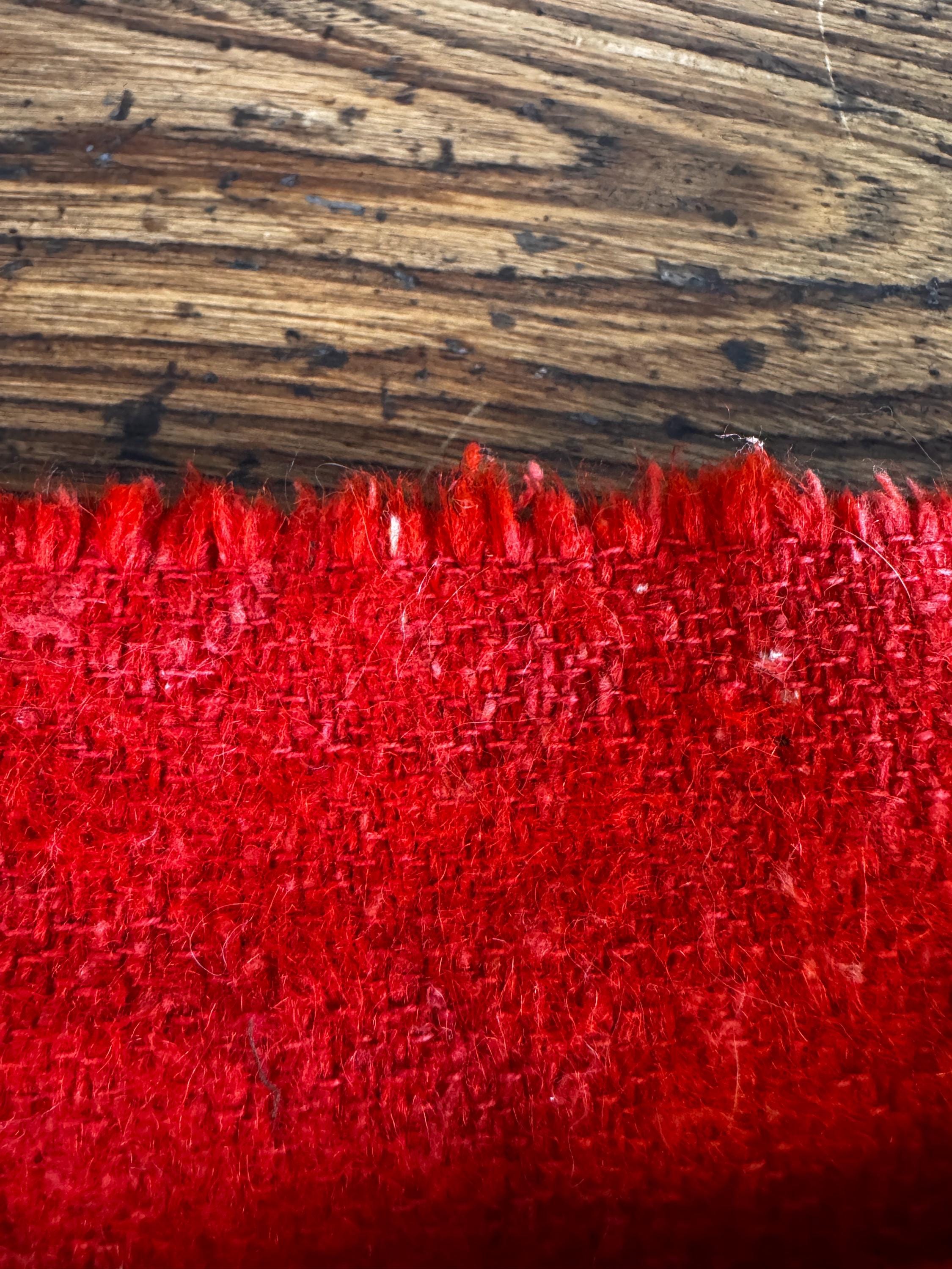 Red Wool Blanket with Black Stripes and Whipstitch Edging