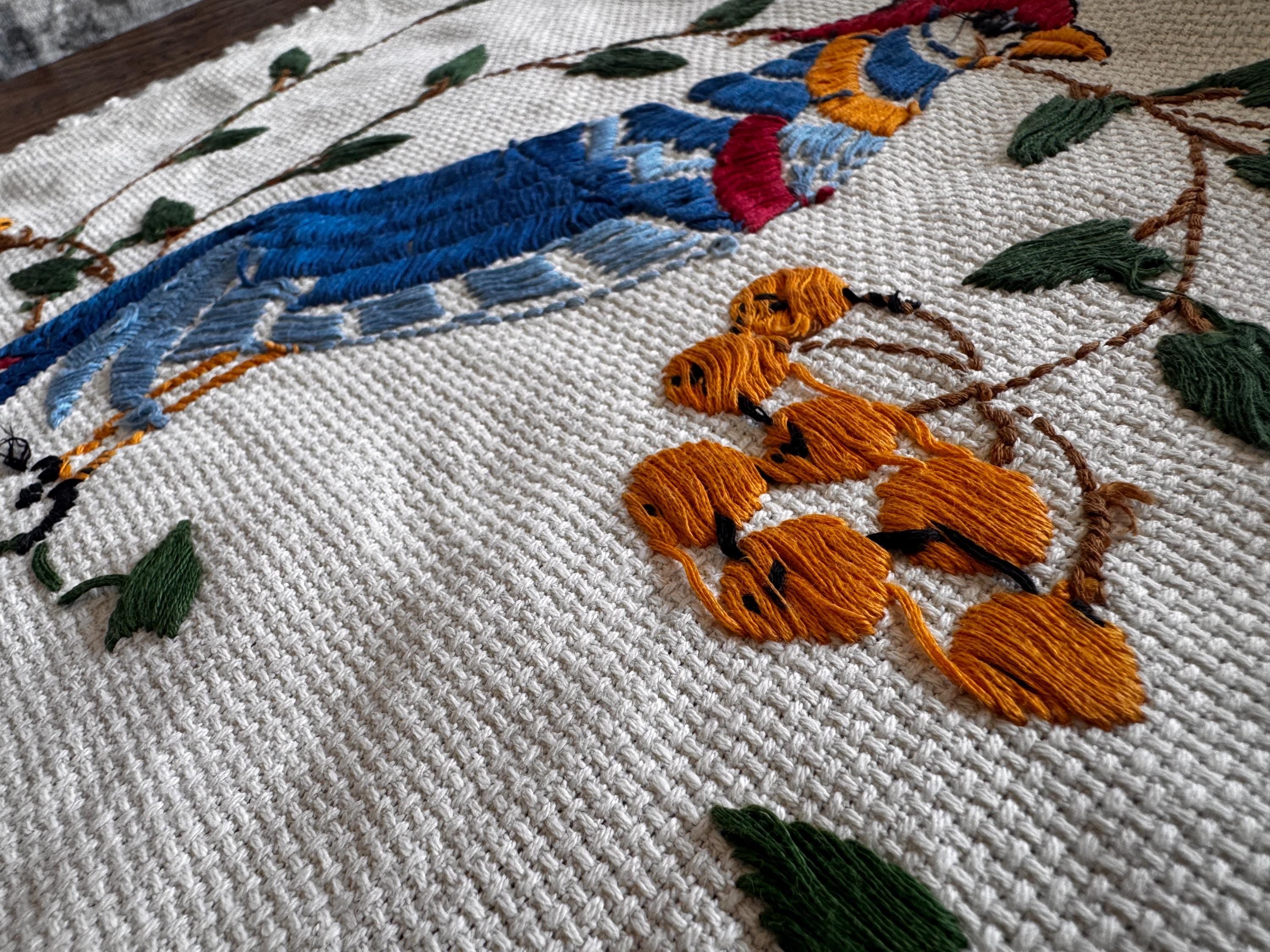 Hand Embroidered Table Runner with Birds and Berries