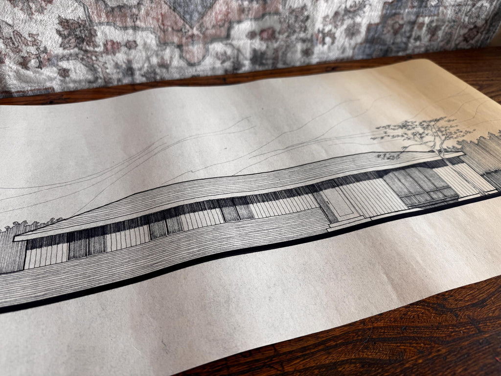 Mid Century Architectural Drawing - Mountain & Tree Elevation - Original Hand Drawn House Rendering