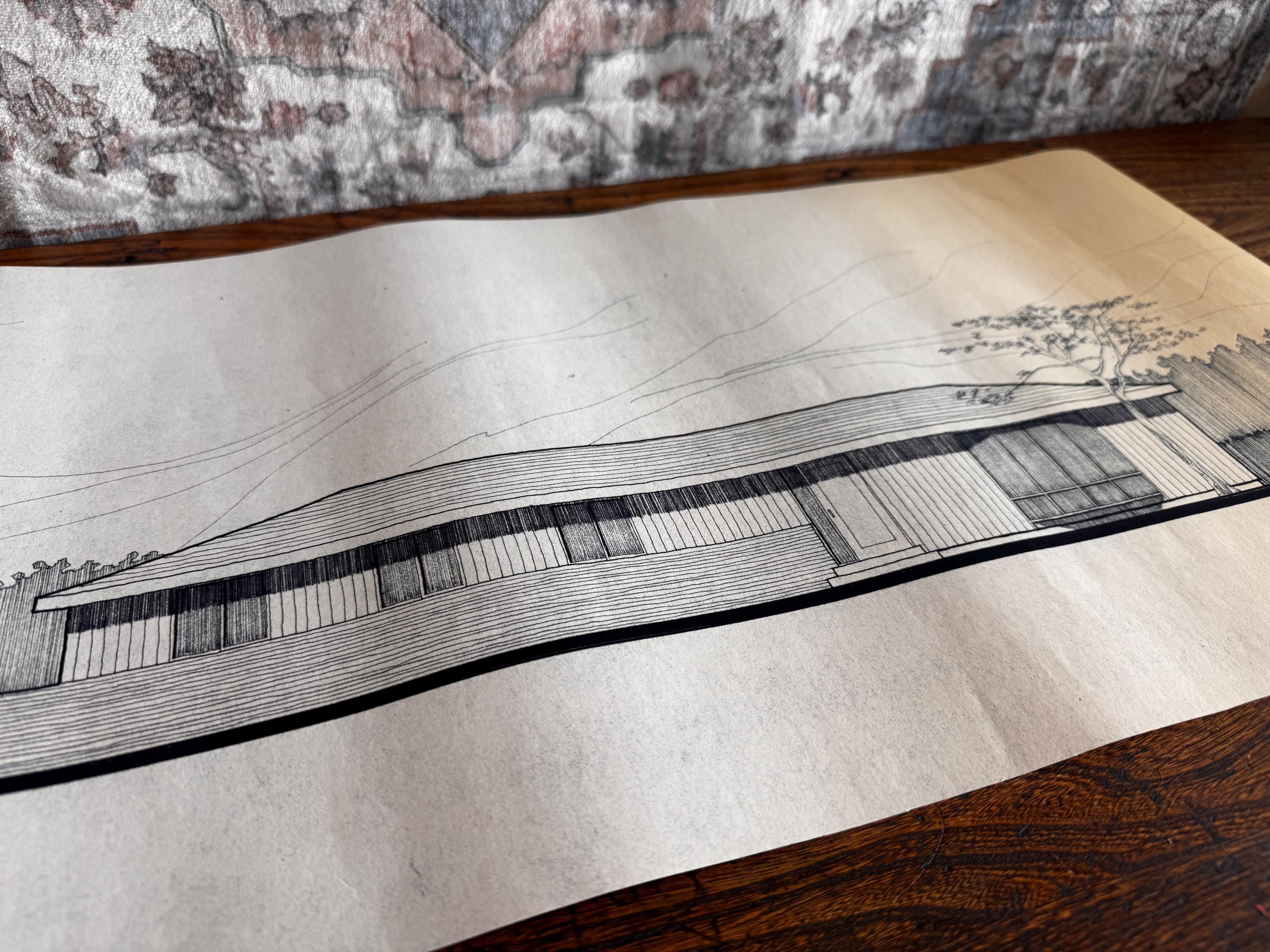 Mid Century Architectural Drawing - Mountain & Tree Elevation - Original Hand Drawn House Rendering