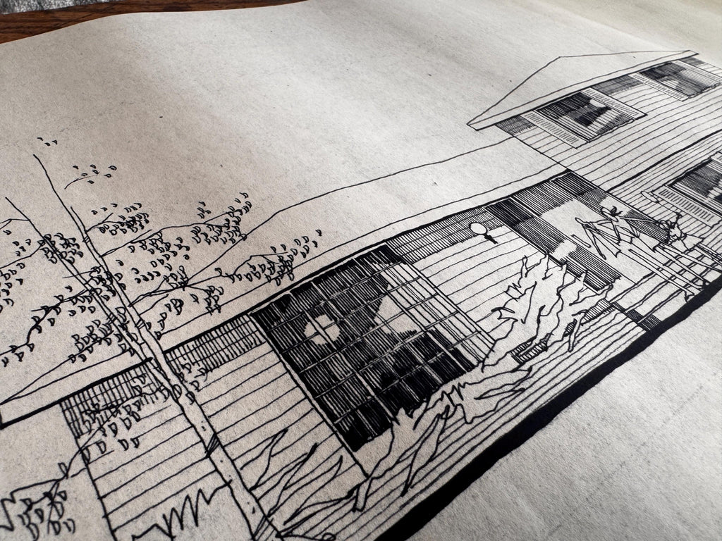 Mid Century Architectural Drawing - Stone Wing Elevation - Original Hand Drawn House Rendering