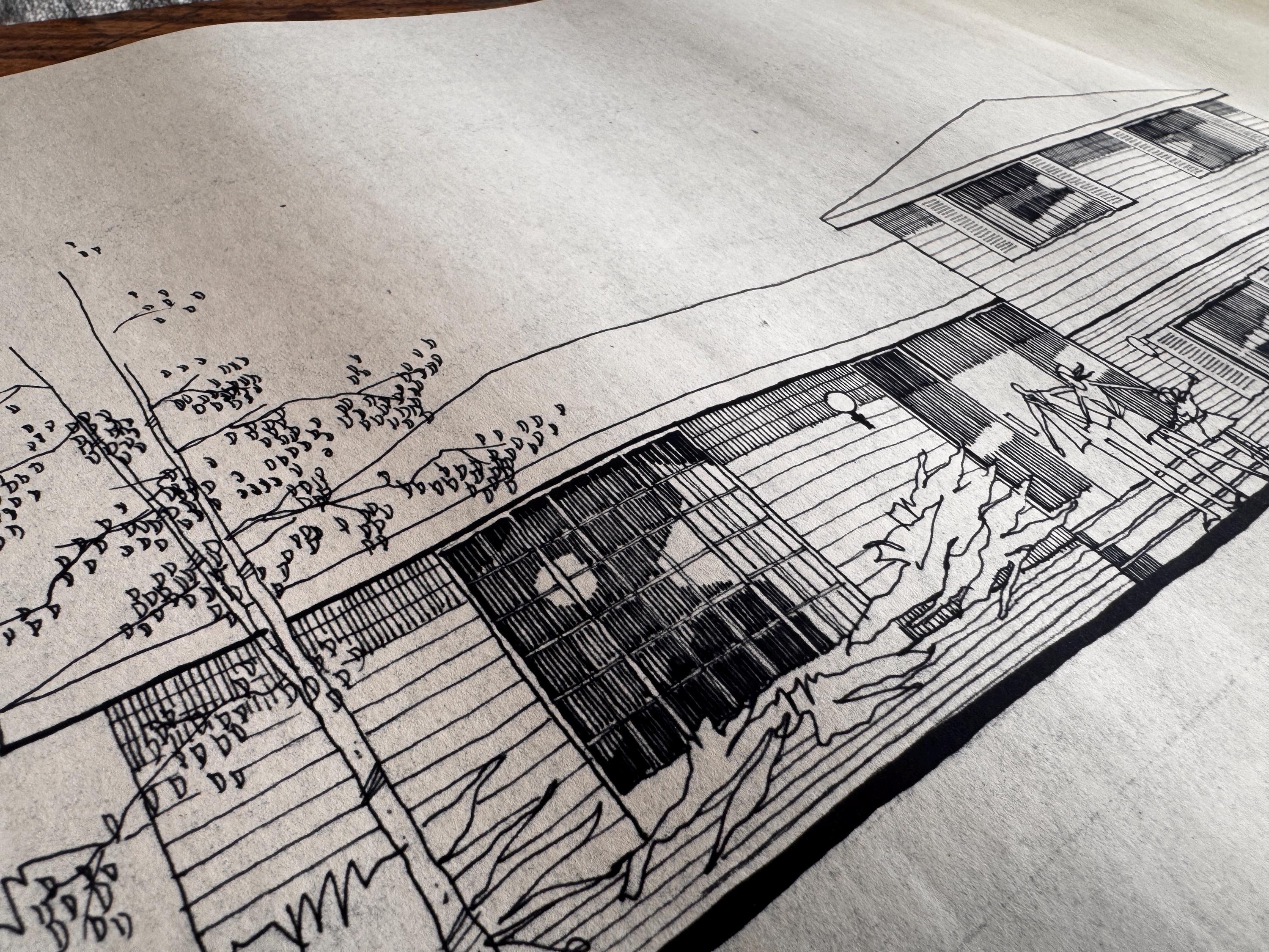 Mid Century Architectural Drawing - Stone Wing Elevation - Original Hand Drawn House Rendering