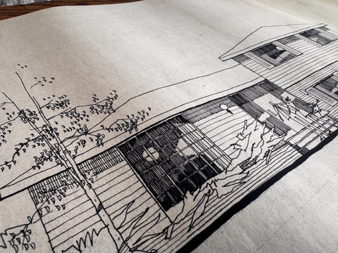 Mid Century Architectural Drawing - Stone Wing Elevation - Original Hand Drawn House Rendering