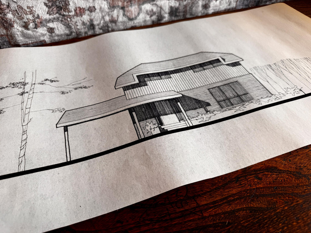 Mid Century Architectural Drawing - Hipped Roof Elevation - Original Hand Drawn House Rendering