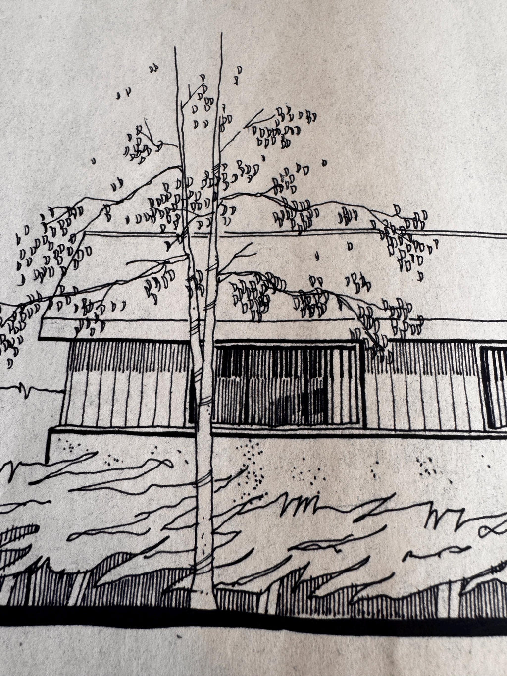 Mid Century Architectural Drawing - Courtyard Elevation - Original Hand Drawn House Rendering