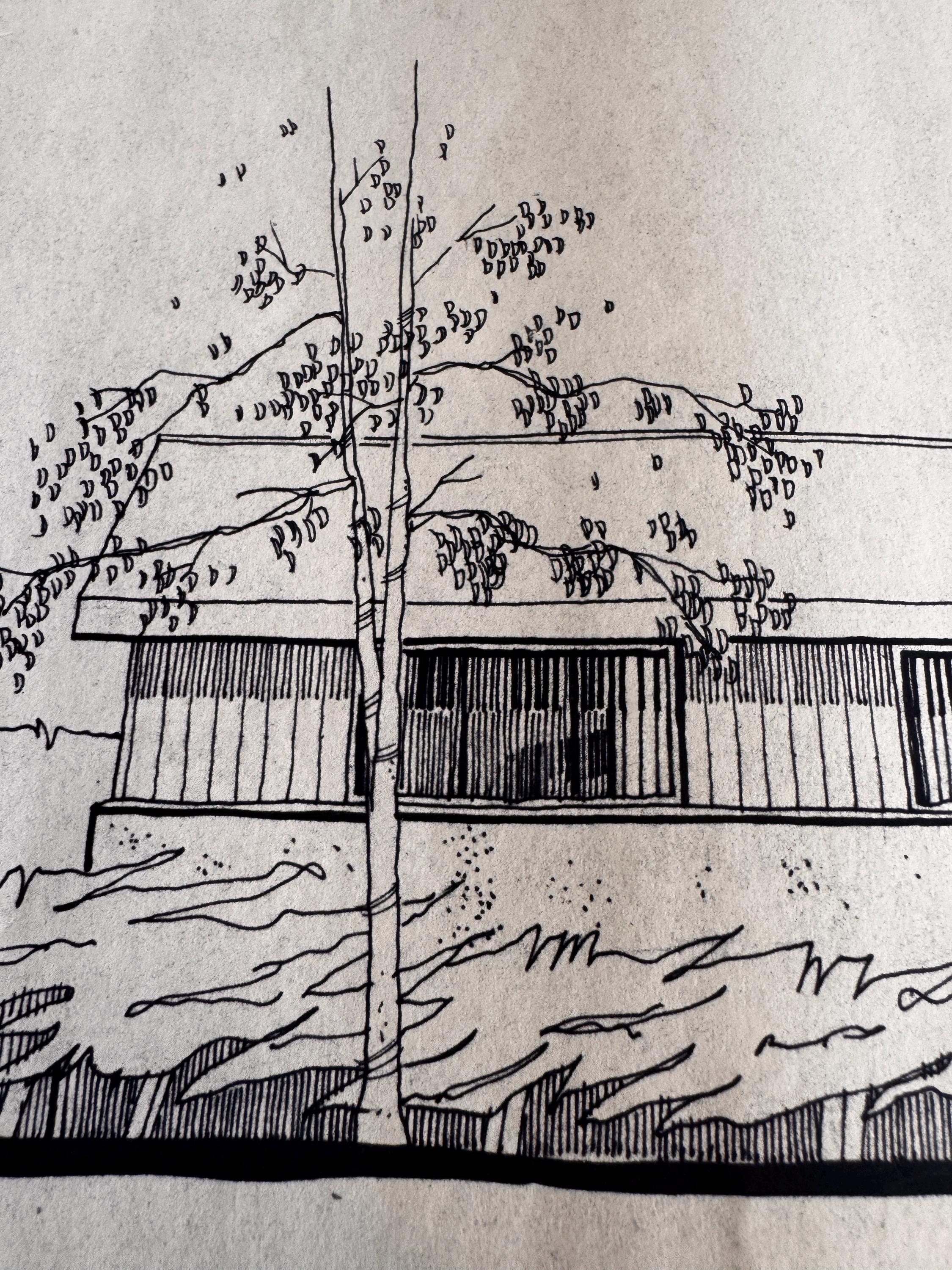 Mid Century Architectural Drawing - Courtyard Elevation - Original Hand Drawn House Rendering