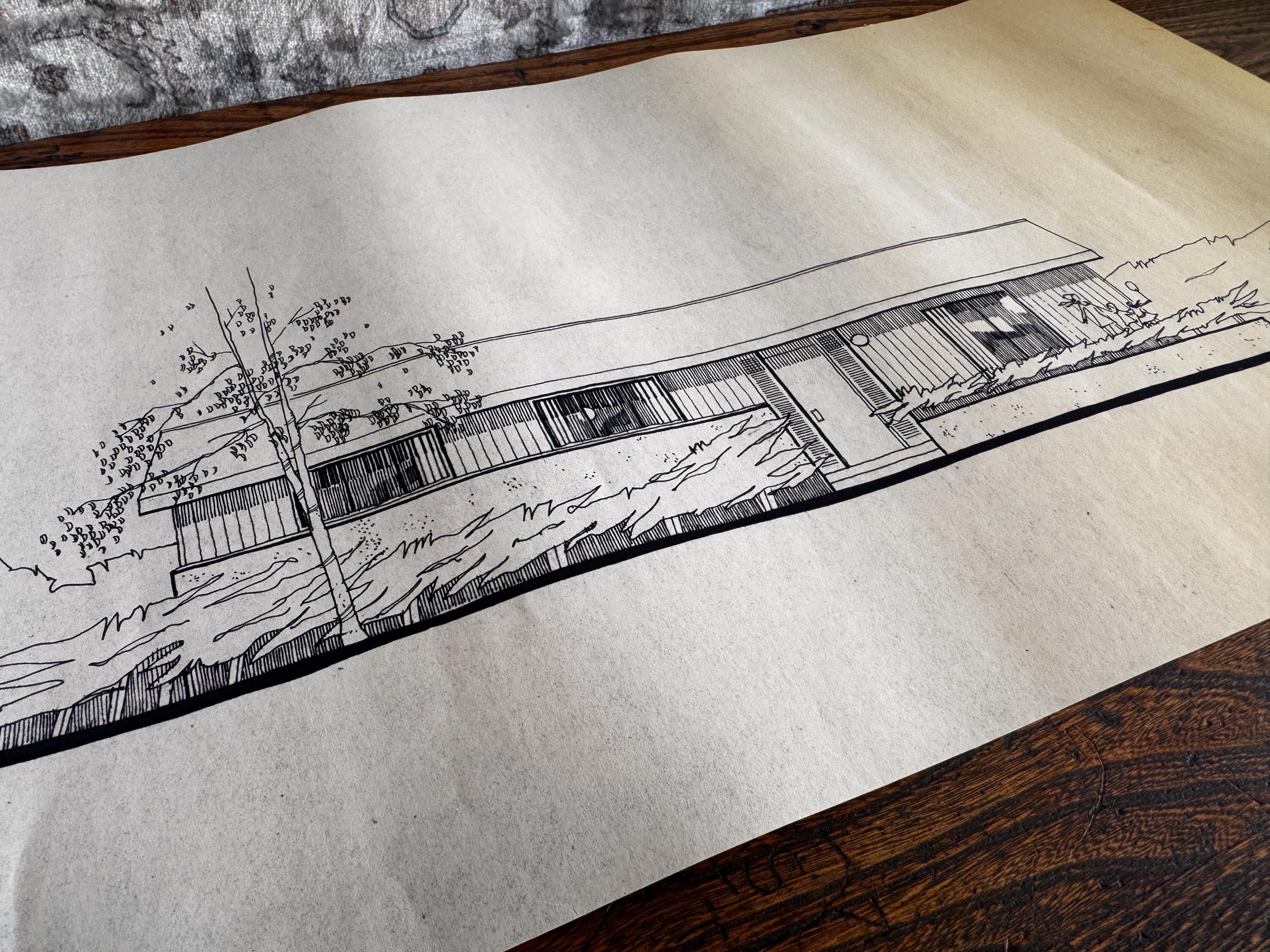 Mid Century Architectural Drawing - Courtyard Elevation - Original Hand Drawn House Rendering
