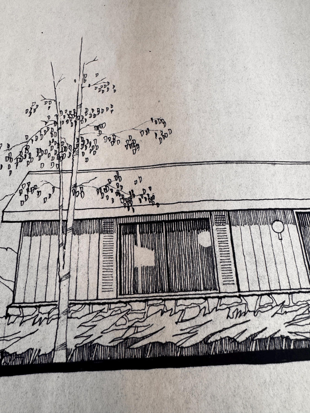 Mid Century Architectural Drawing - Stone Entry Elevation - Original Hand Drawn House Rendering