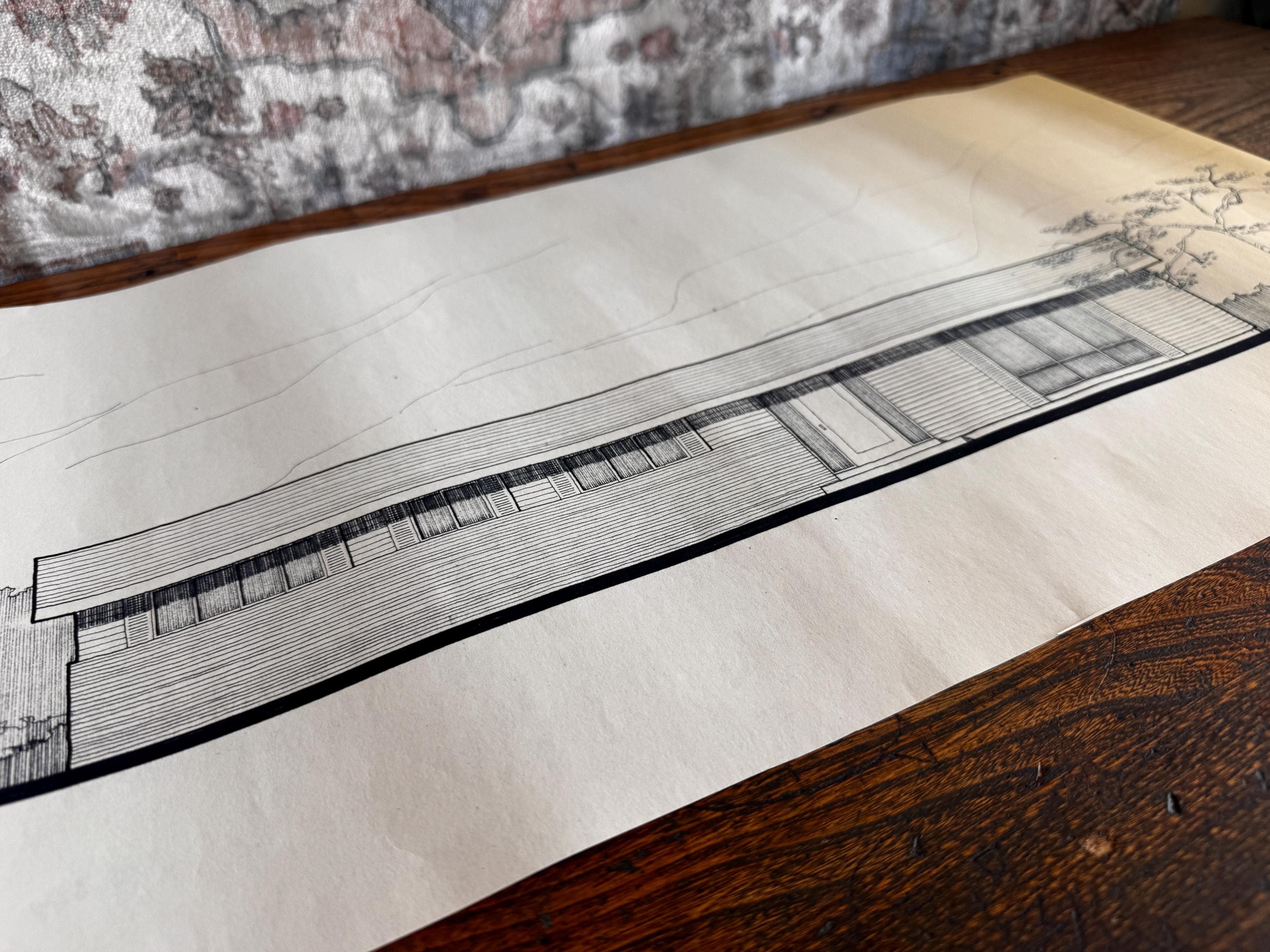 Mid Century Architectural Drawing -Mountain View Elevation - Original Hand Drawn House Rendering