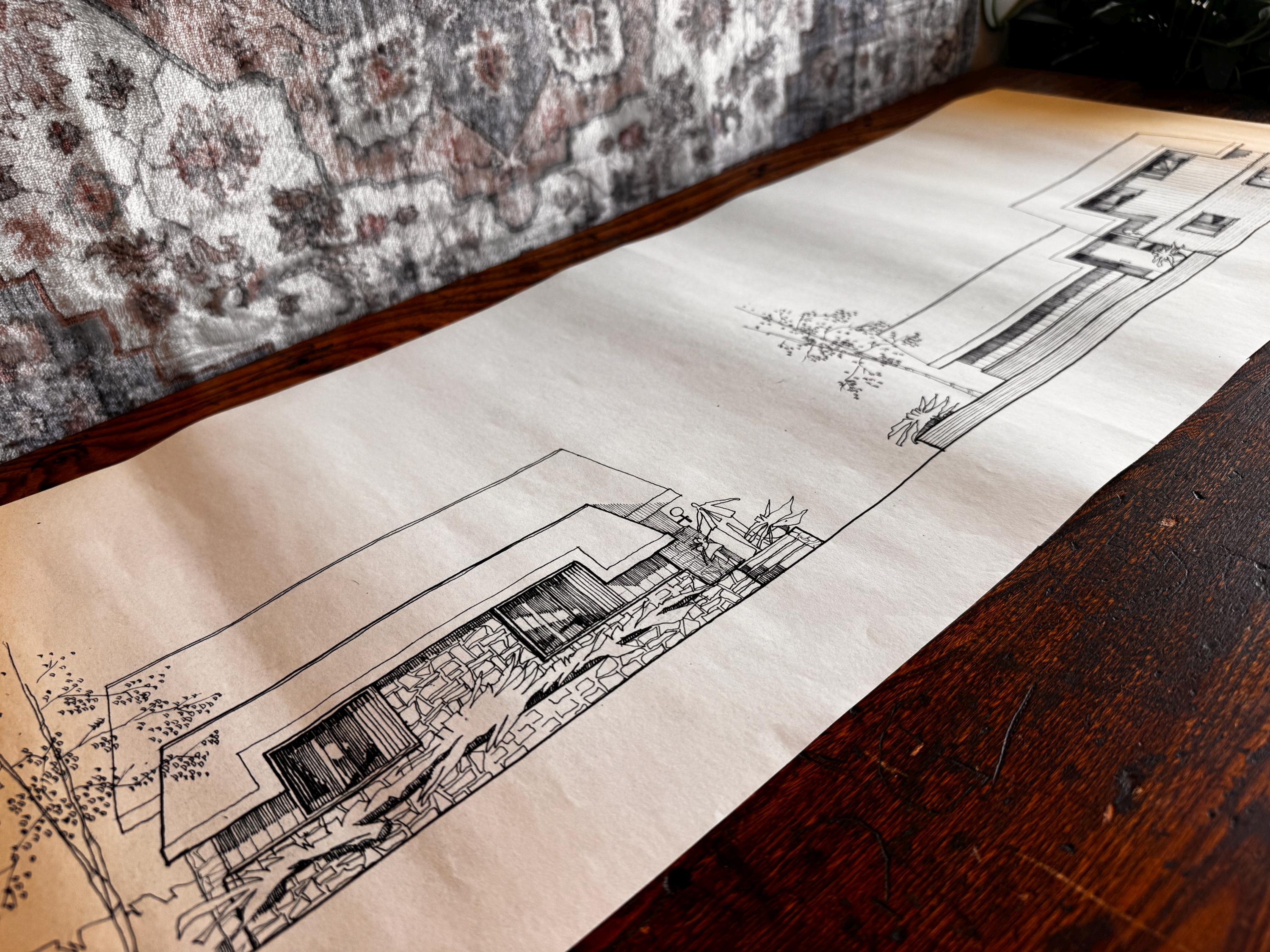 Mid Century Architectural Drawing - Twin Elevations - Original Hand Drawn House Rendering