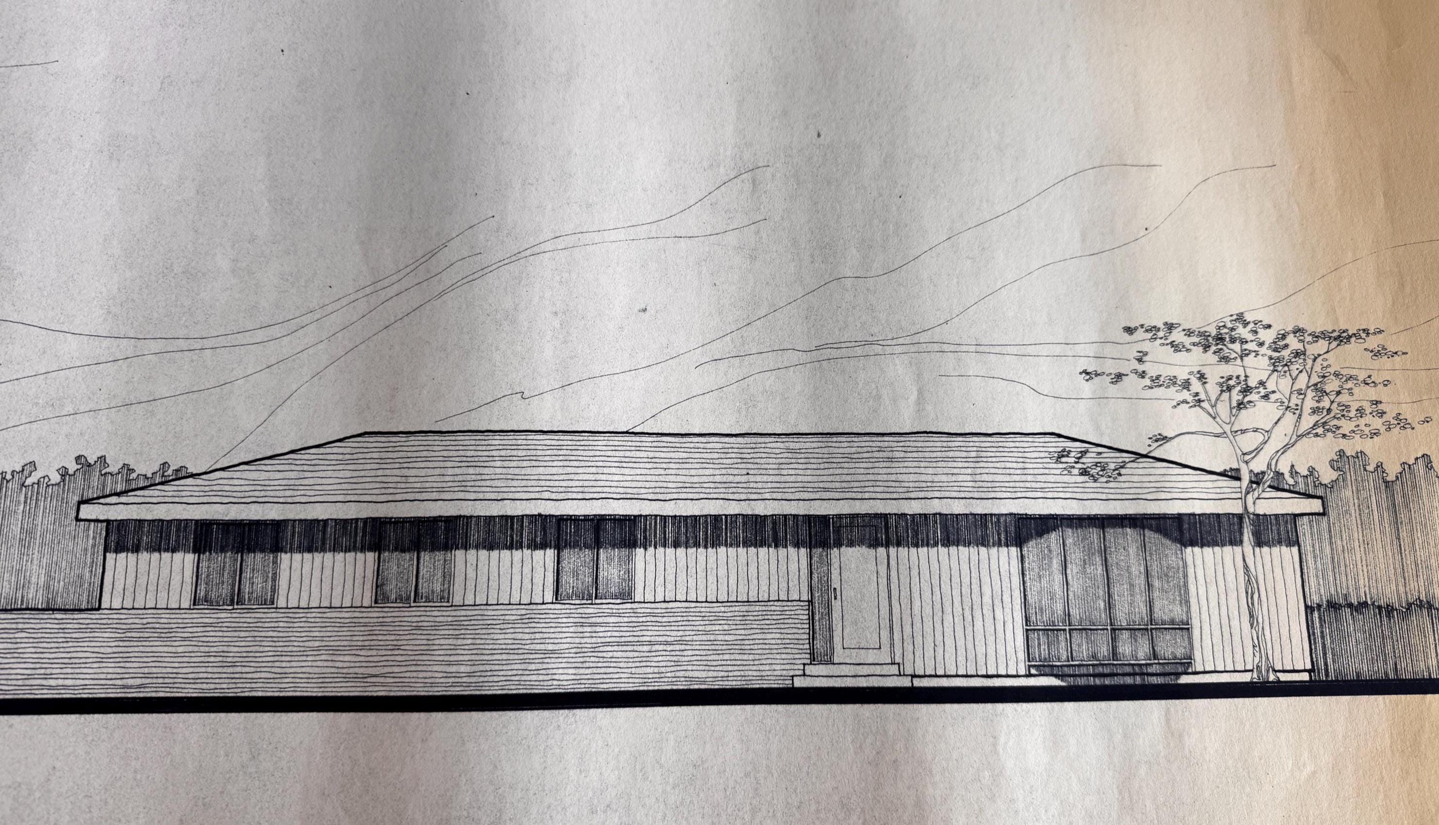 Mid Century Architectural Drawing - Mountain & Tree Elevation - Original Hand Drawn House Rendering