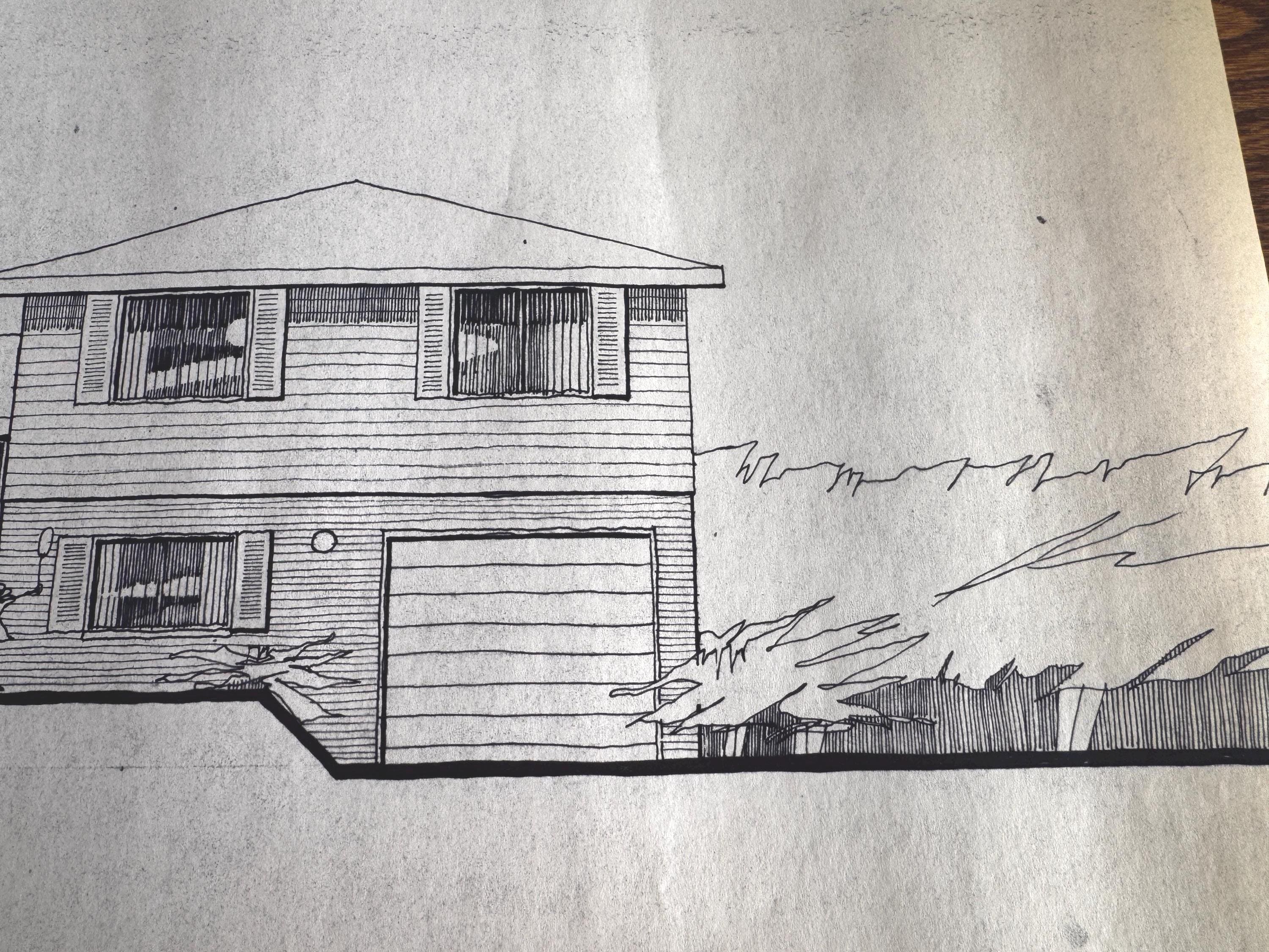 Mid Century Architectural Drawing - Stone Wing Elevation - Original Hand Drawn House Rendering