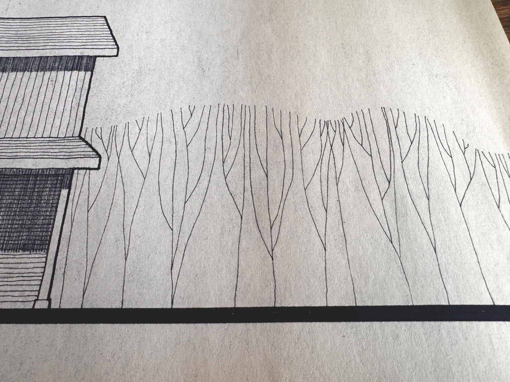 Mid Century Architectural Drawing - Front Porch Elevation - Original Hand Drawn House Rendering