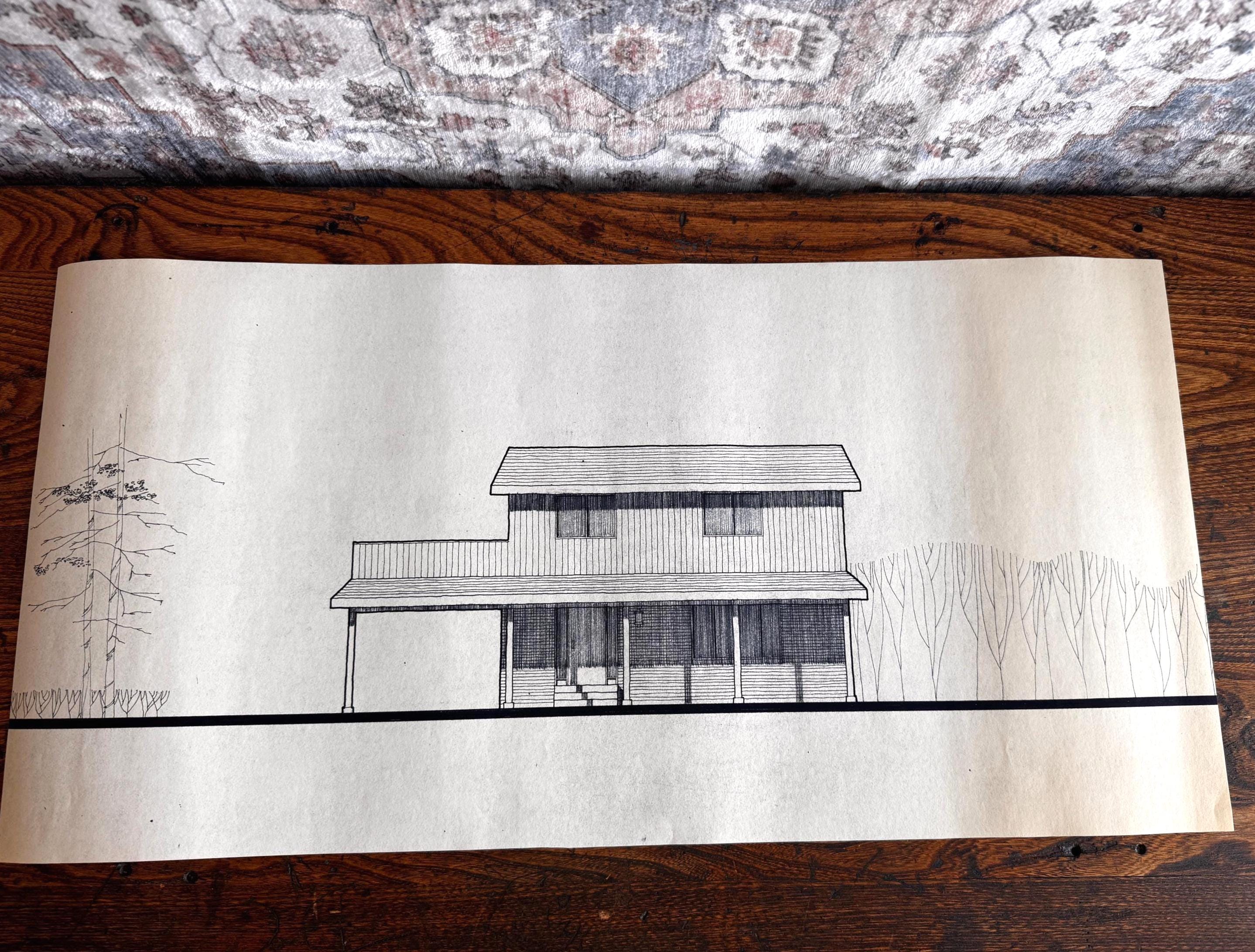 Mid Century Architectural Drawing - Front Porch Elevation - Original Hand Drawn House Rendering