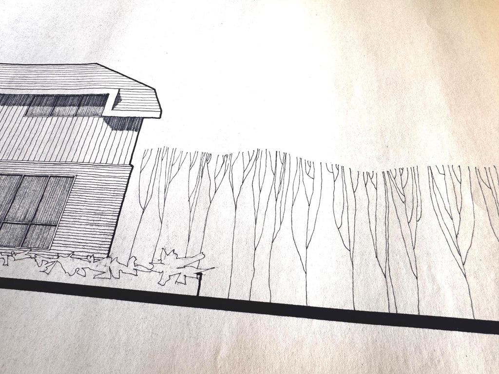 Mid Century Architectural Drawing - Hipped Roof Elevation - Original Hand Drawn House Rendering
