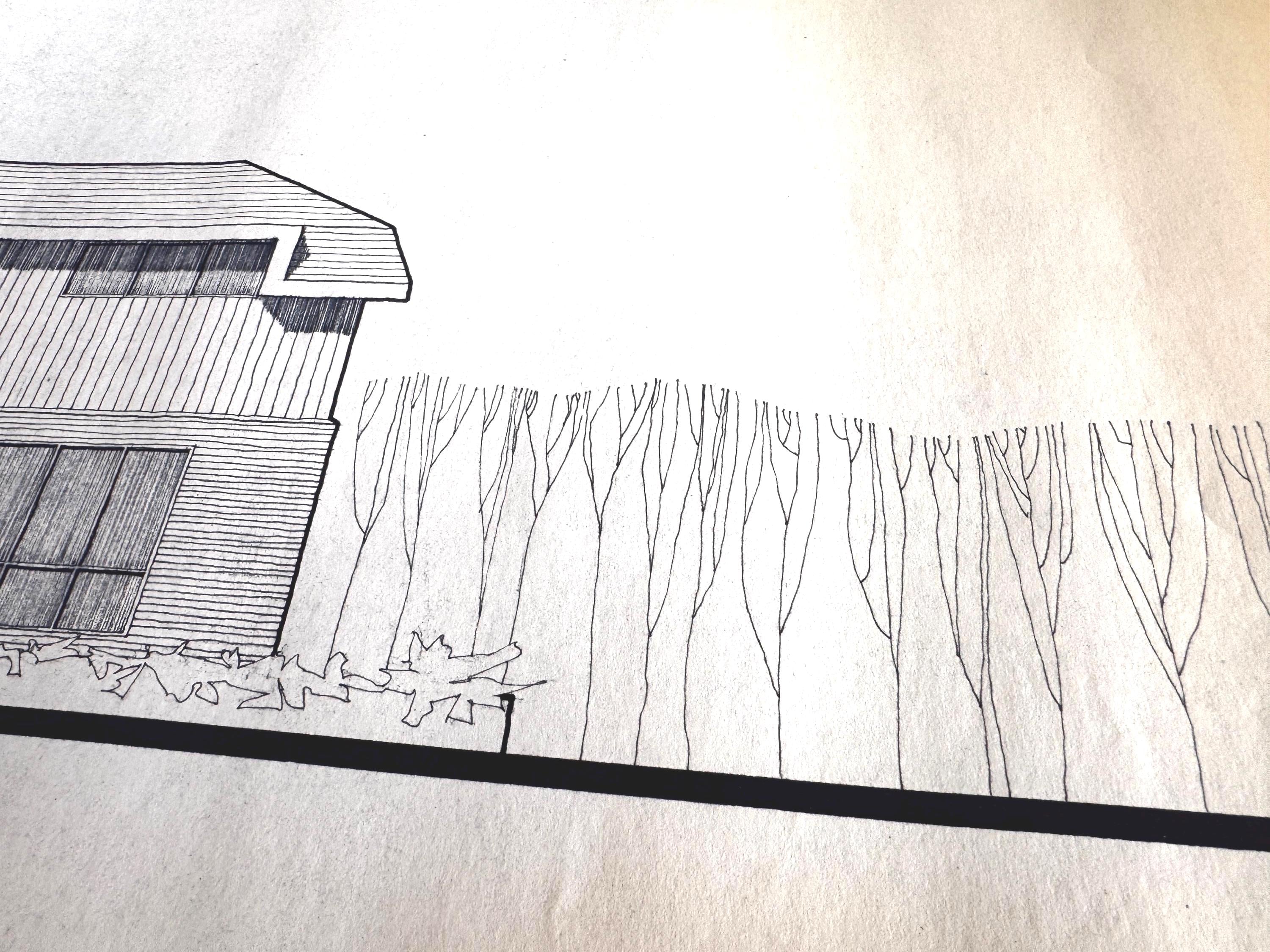 Mid Century Architectural Drawing - Hipped Roof Elevation - Original Hand Drawn House Rendering