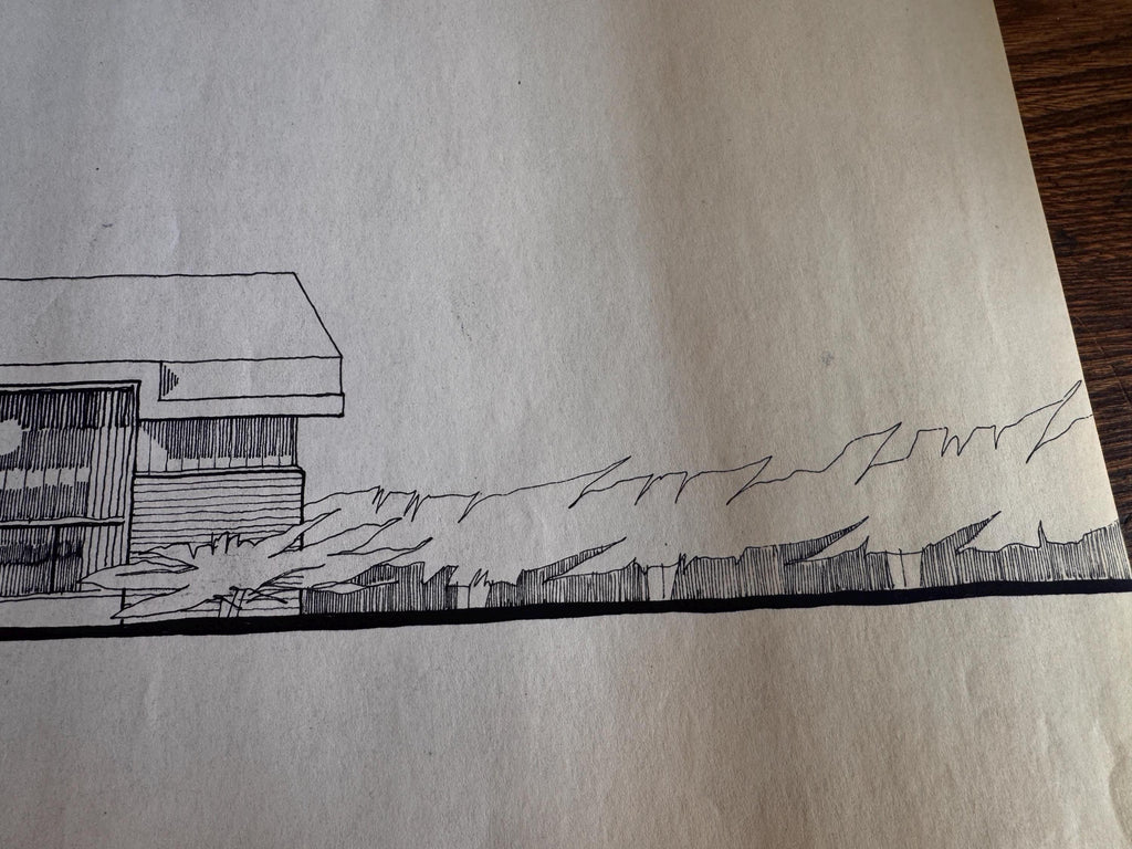Mid Century Architectural Drawing - Tree Line Elevation - Original Hand Drawn House Rendering