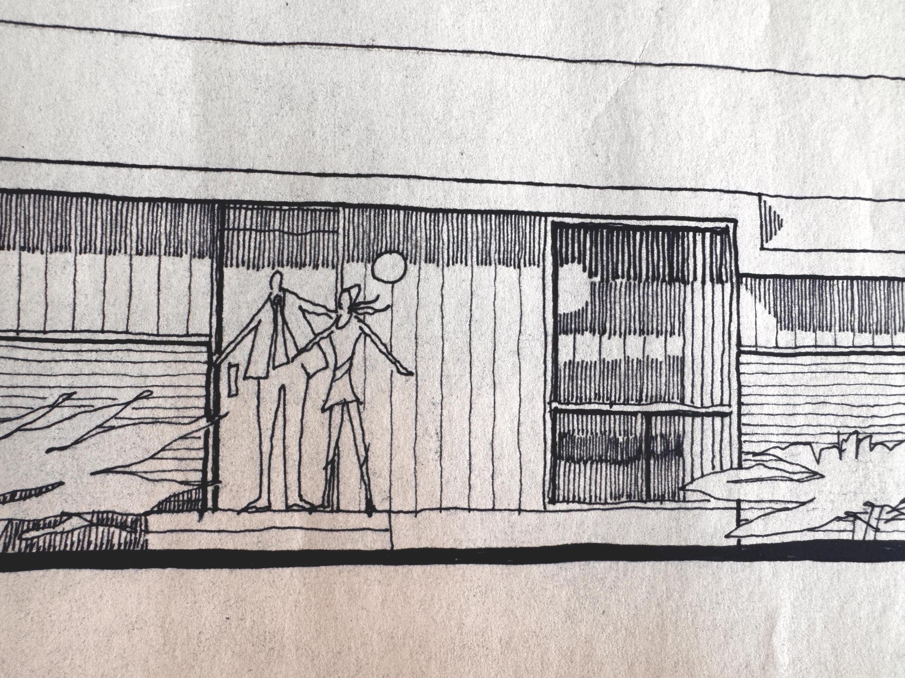 Mid Century Architectural Drawing - Tree Line Elevation - Original Hand Drawn House Rendering