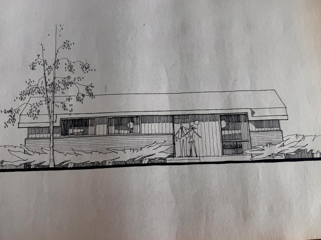 Mid Century Architectural Drawing - Tree Line Elevation - Original Hand Drawn House Rendering