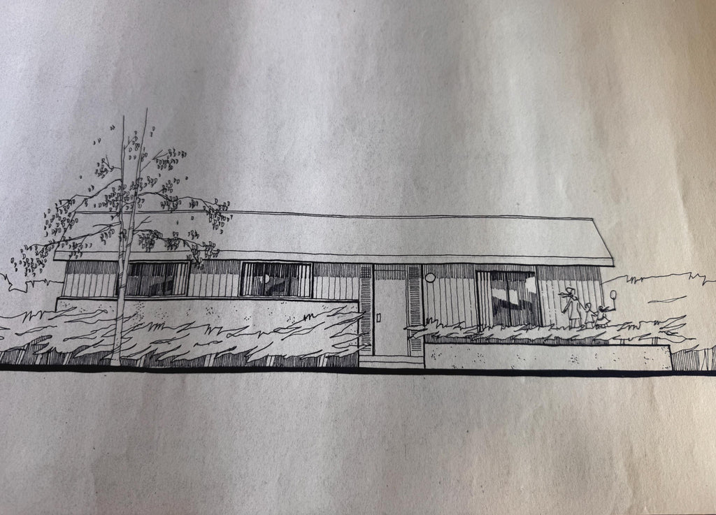 Mid Century Architectural Drawing - Courtyard Elevation - Original Hand Drawn House Rendering