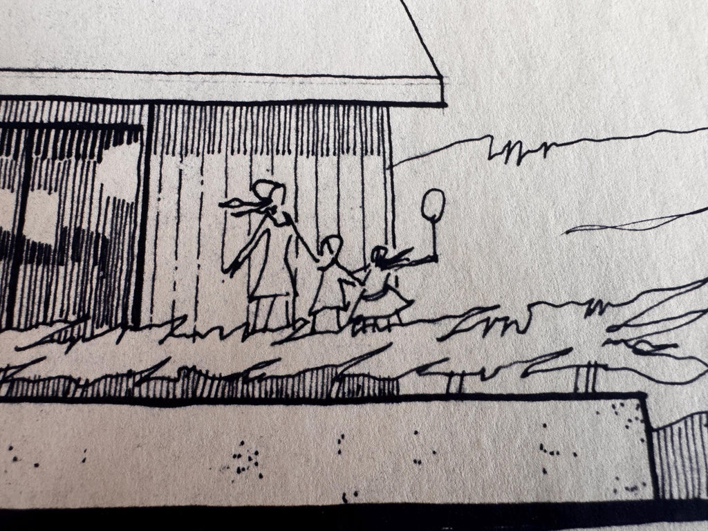 Mid Century Architectural Drawing - Courtyard Elevation - Original Hand Drawn House Rendering