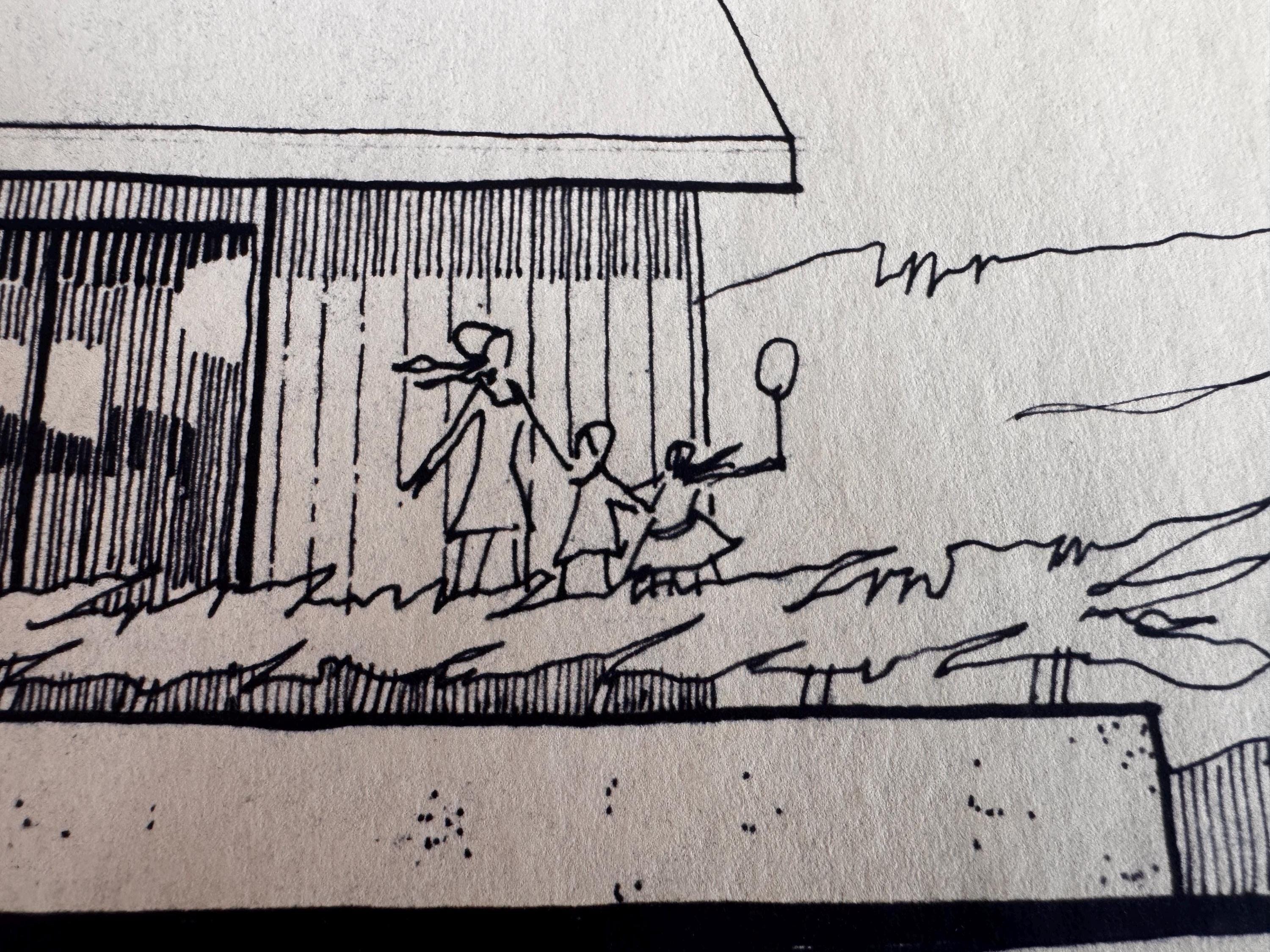 Mid Century Architectural Drawing - Courtyard Elevation - Original Hand Drawn House Rendering