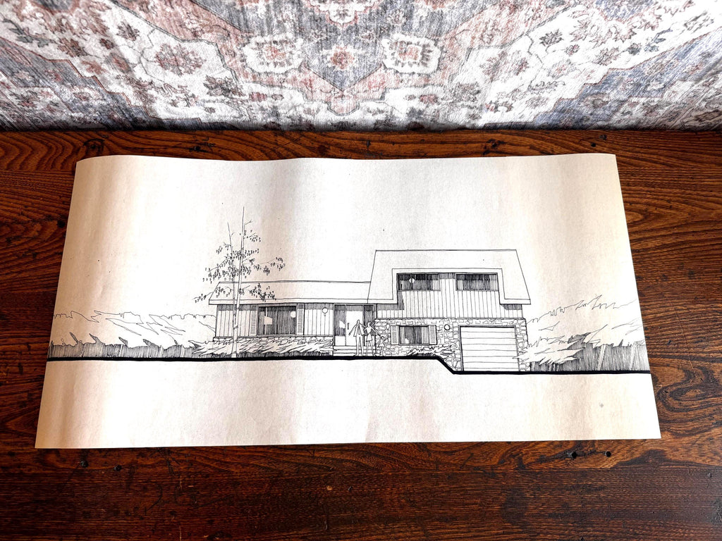 Mid Century Architectural Drawing - Stone Entry Elevation - Original Hand Drawn House Rendering
