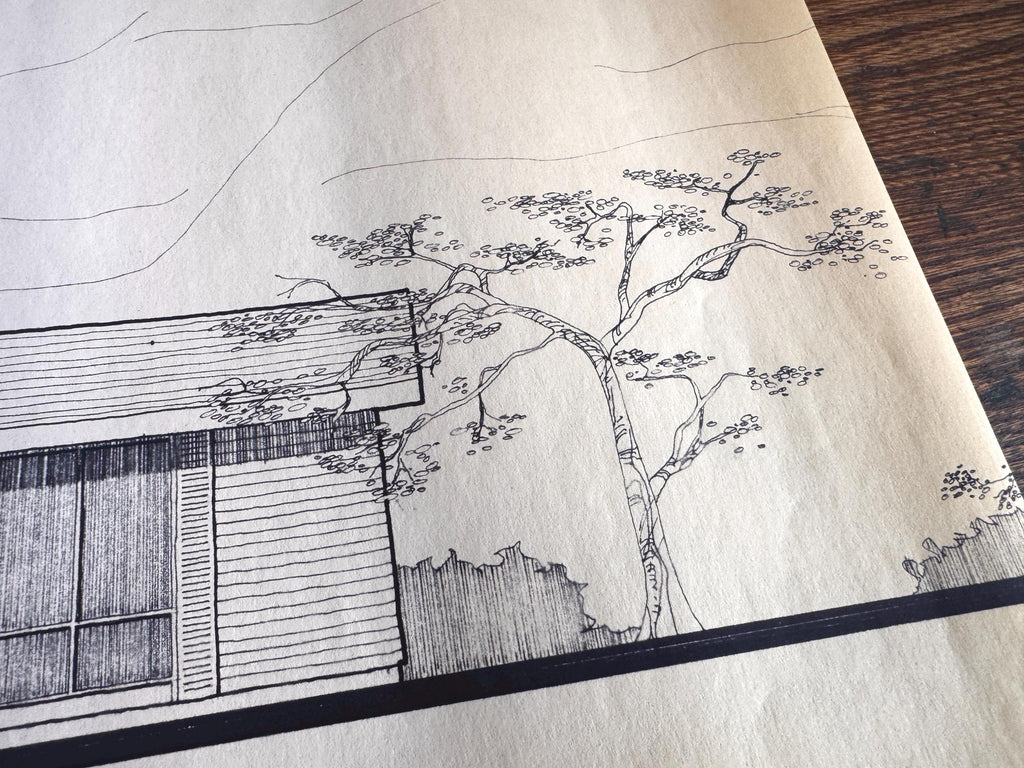 Mid Century Architectural Drawing -Mountain View Elevation - Original Hand Drawn House Rendering