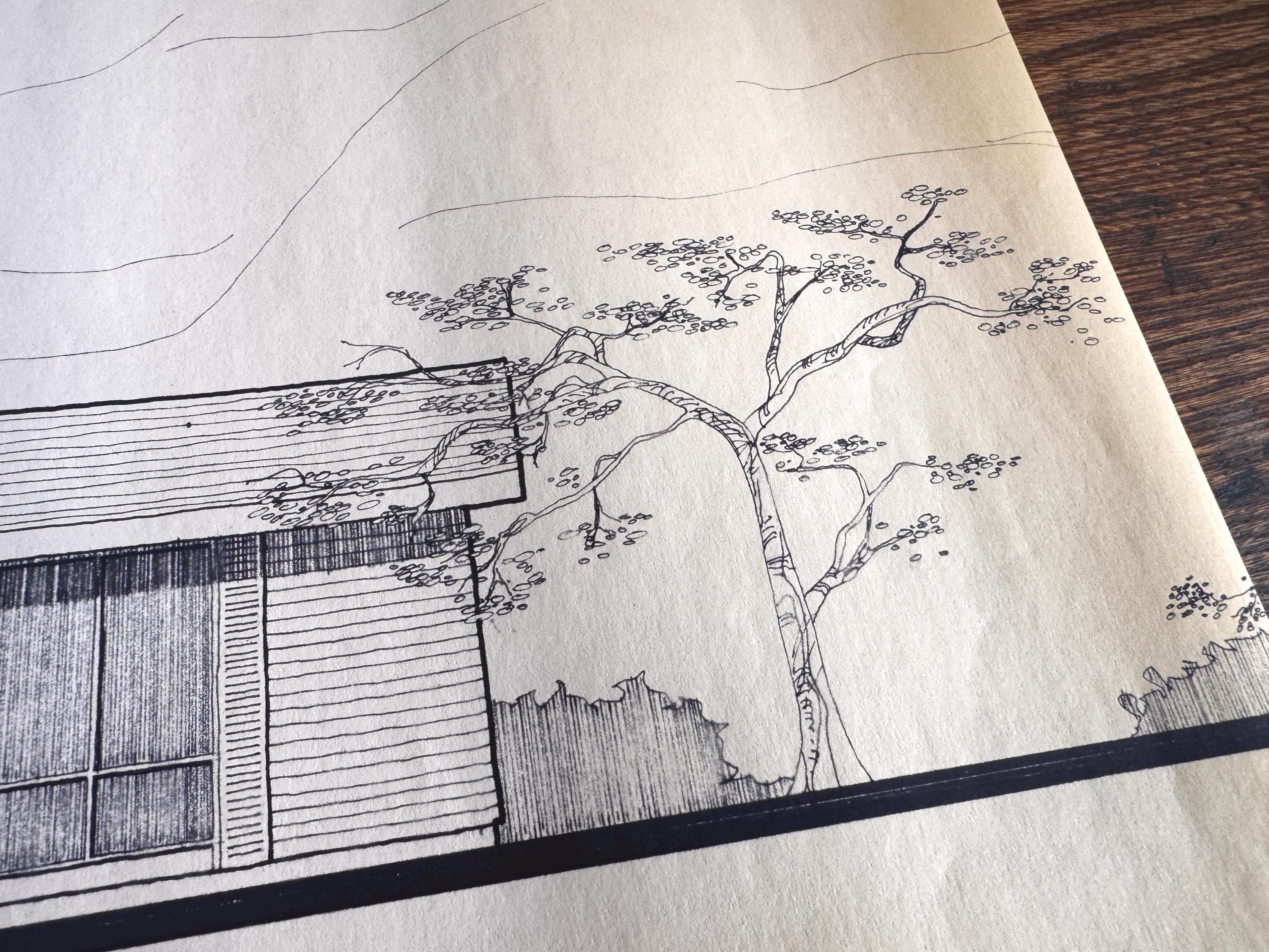 Mid Century Architectural Drawing -Mountain View Elevation - Original Hand Drawn House Rendering