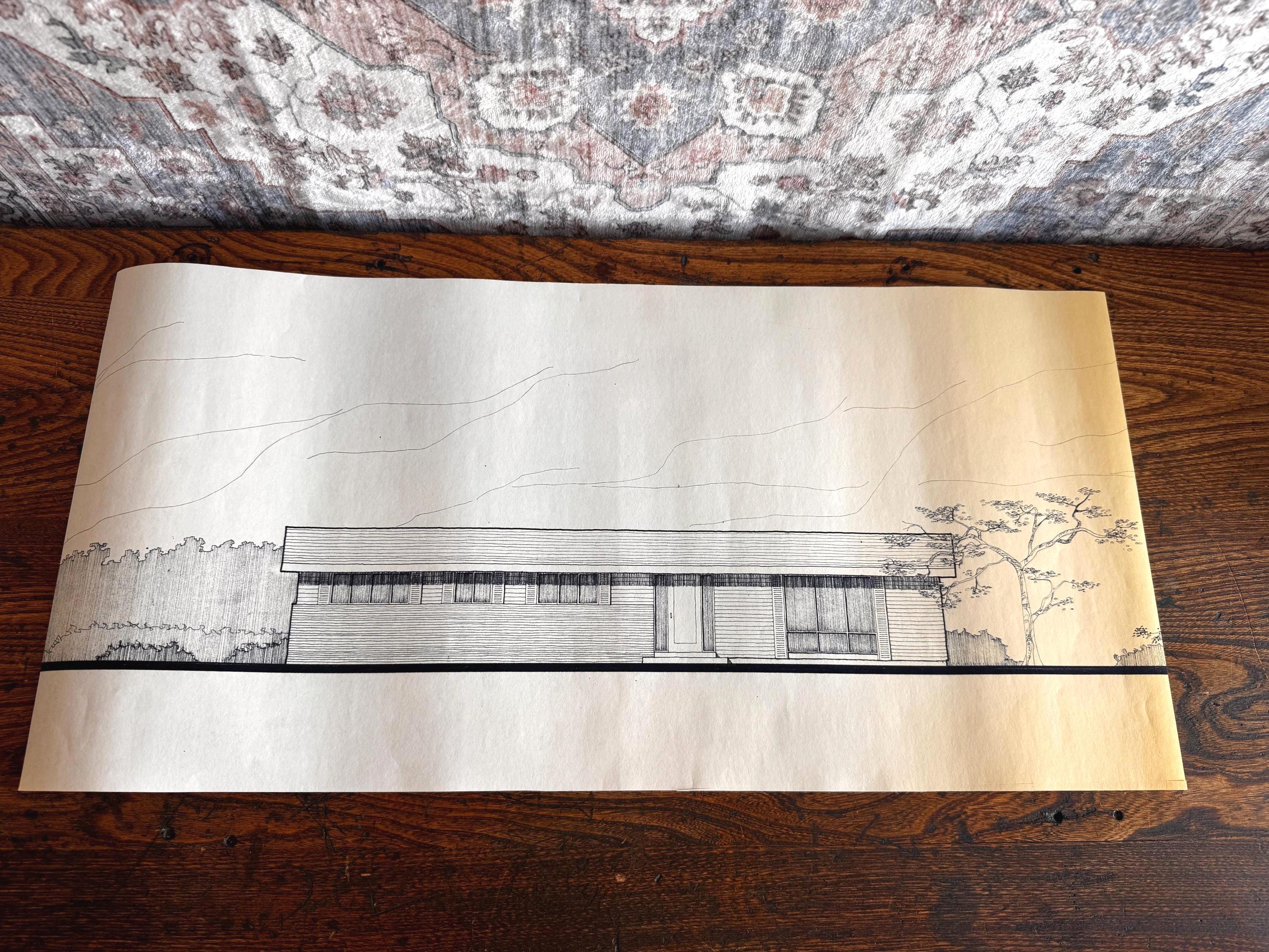 Mid Century Architectural Drawing -Mountain View Elevation - Original Hand Drawn House Rendering