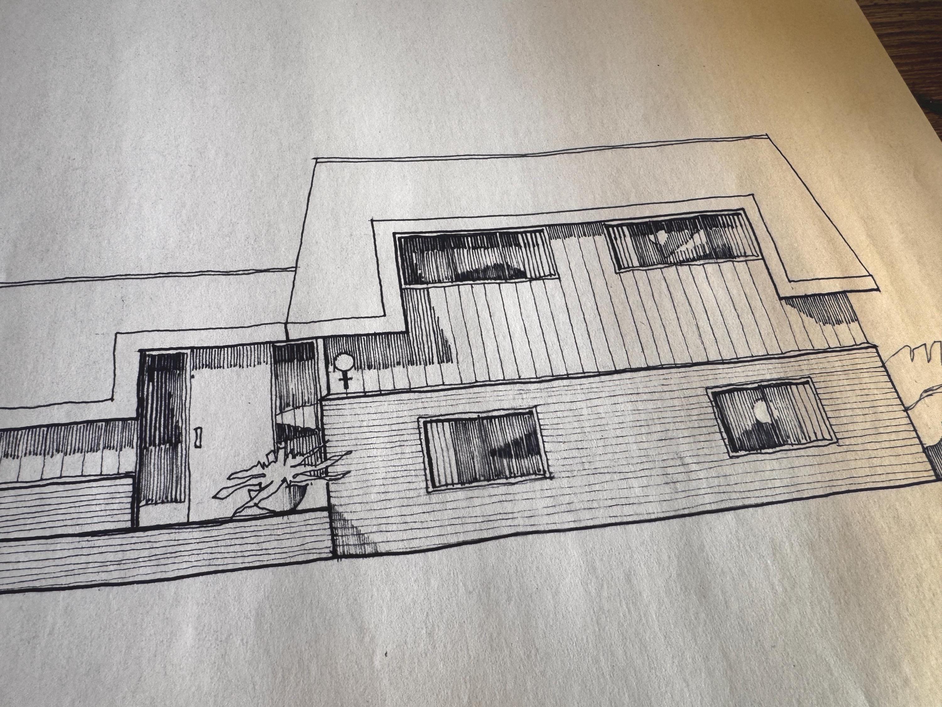 Mid Century Architectural Drawing - Twin Elevations - Original Hand Drawn House Rendering