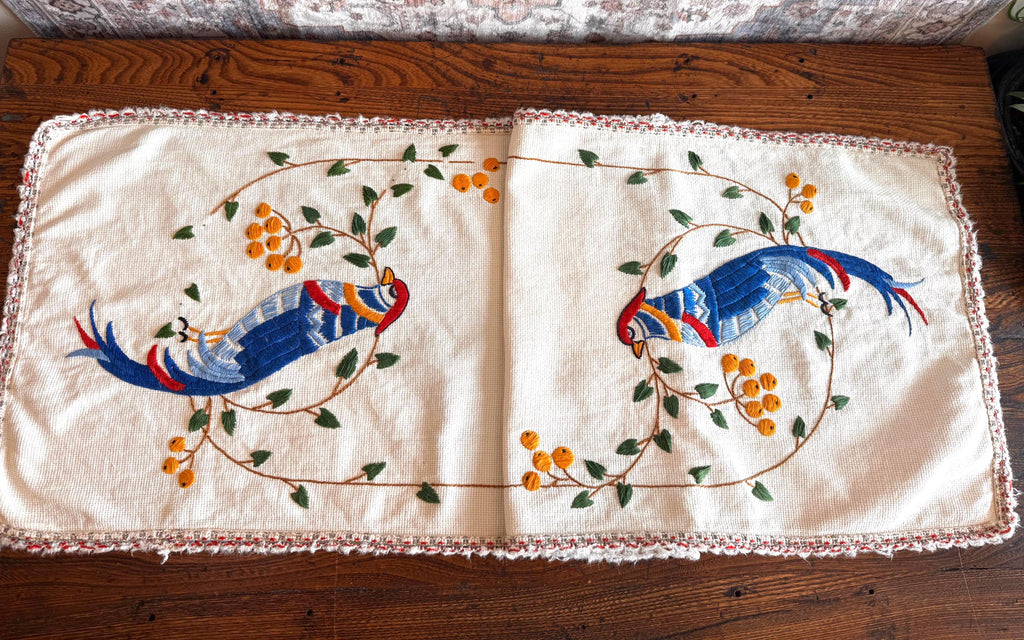 Hand Embroidered Table Runner with Birds and Berries