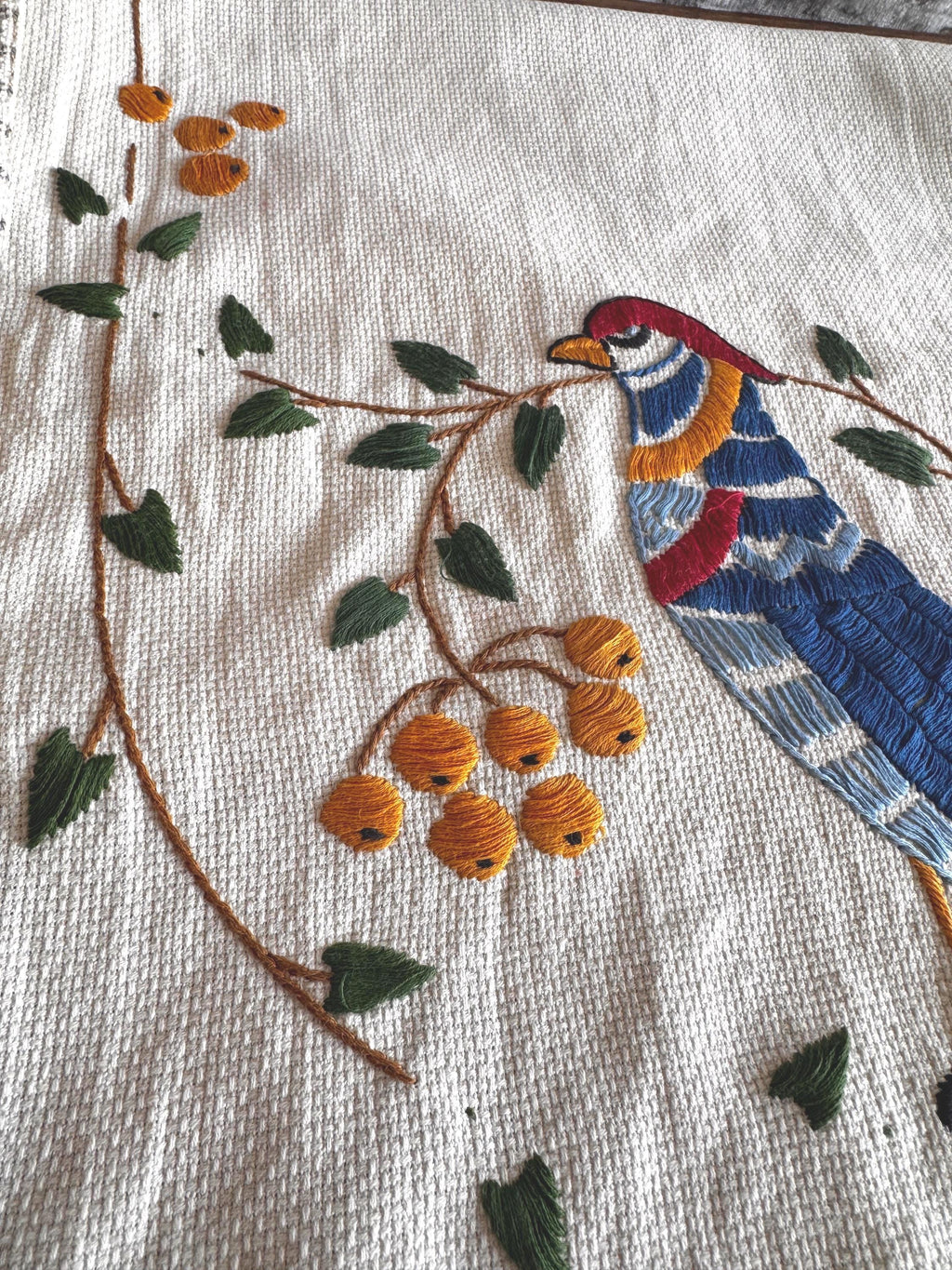Hand Embroidered Table Runner with Birds and Berries