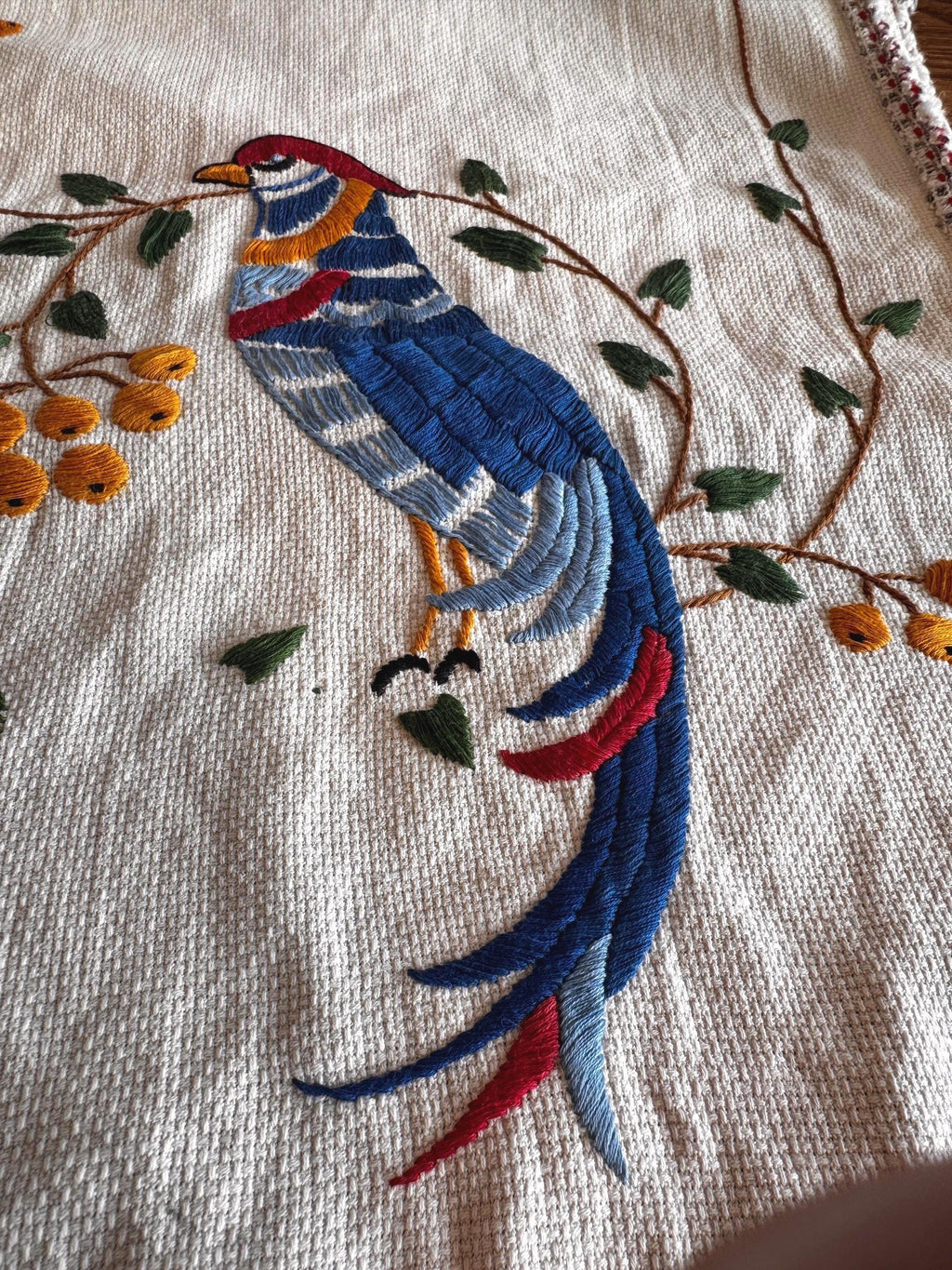 Hand Embroidered Table Runner with Birds and Berries