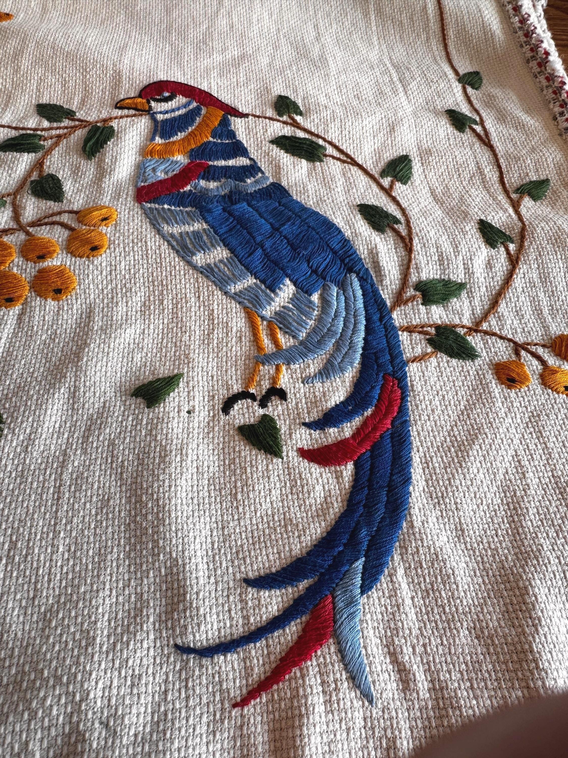 Hand Embroidered Table Runner with Birds and Berries