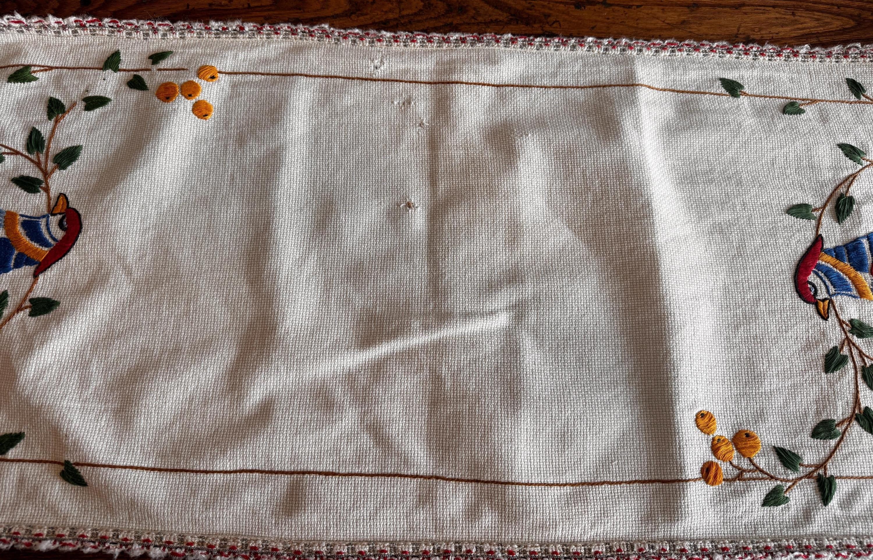 Hand Embroidered Table Runner with Birds and Berries