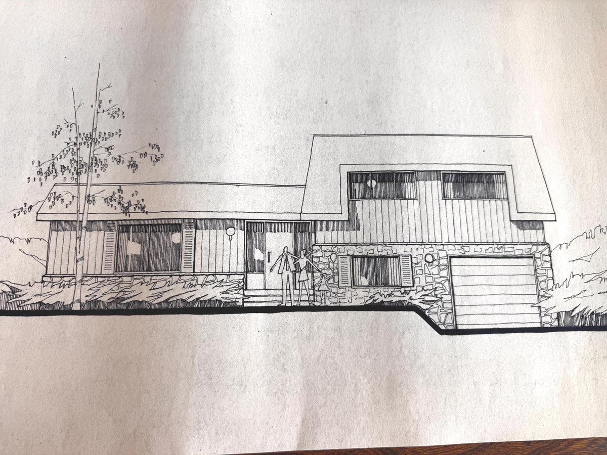 Mid Century Architectural Drawing - Stone Entry Elevation - Original Hand Drawn House Rendering