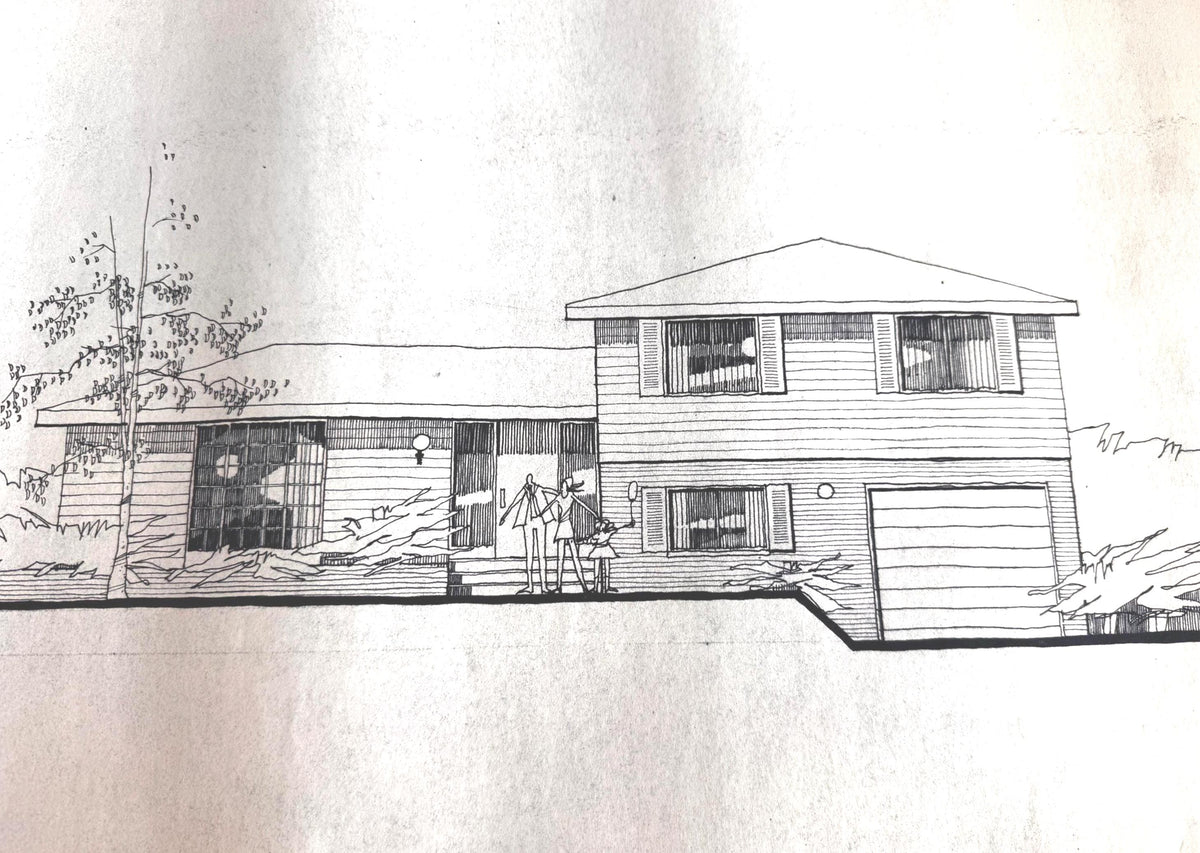 Mid Century Architectural Drawing - Stone Wing Elevation - Original Hand Drawn House Rendering