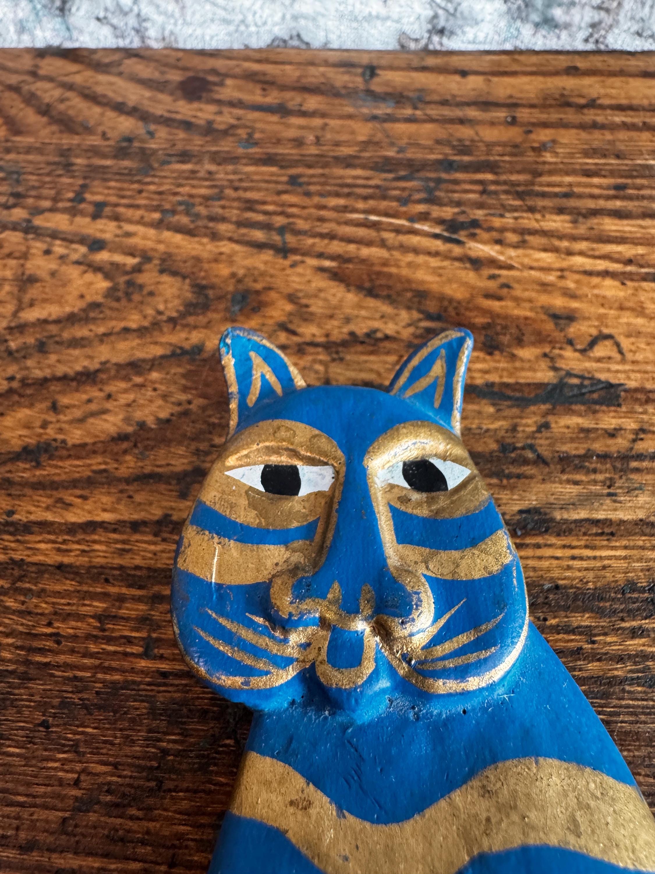 Hand-Painted Blue and Gold Cat Figurine