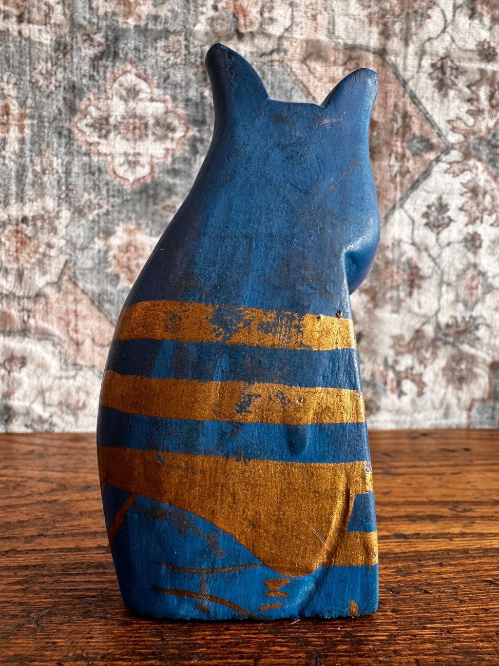 Hand-Painted Blue and Gold Cat Figurine
