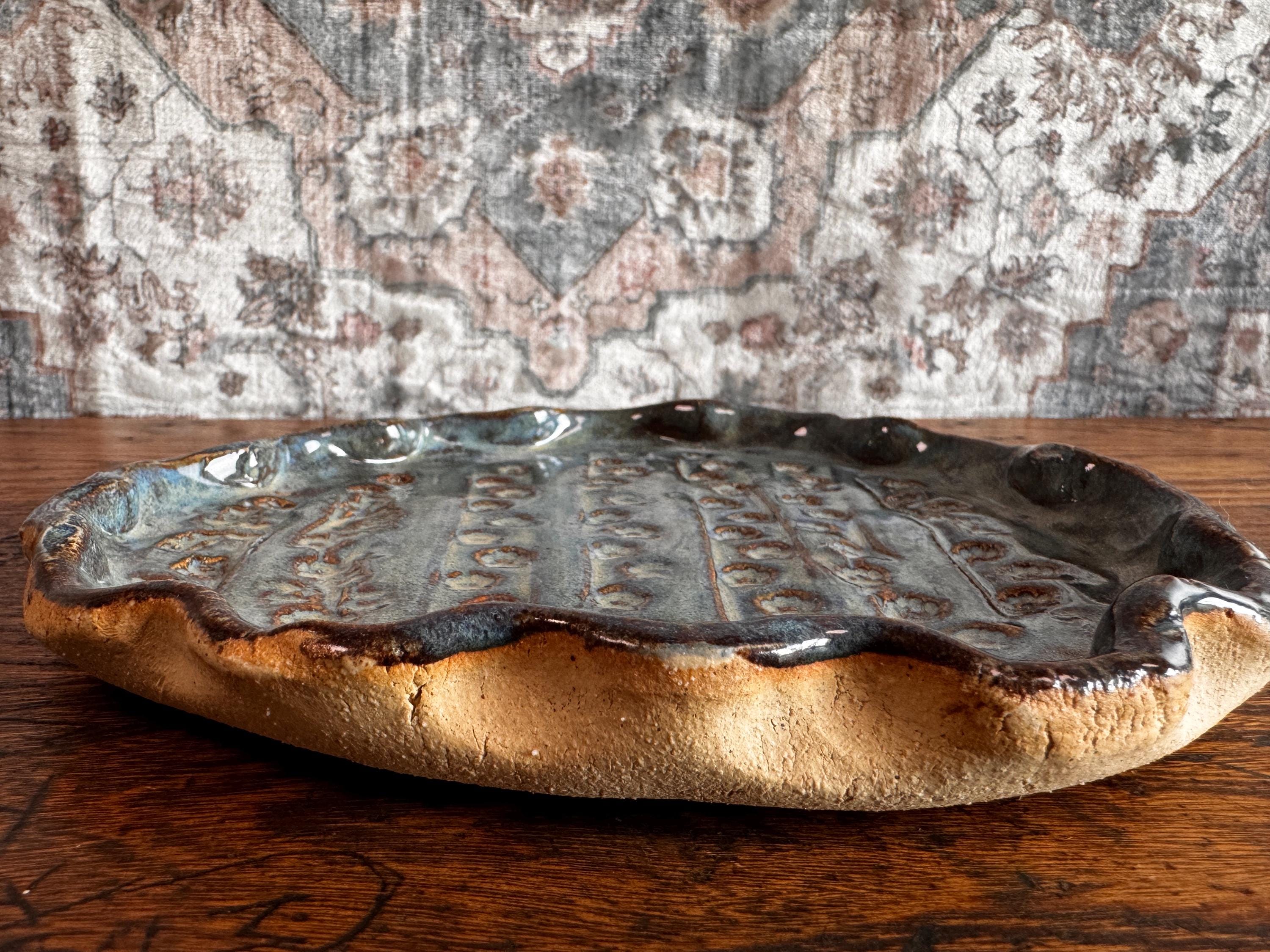 Handmade Ceramic Decorative Plate with Blue Glaze and Textured Pattern