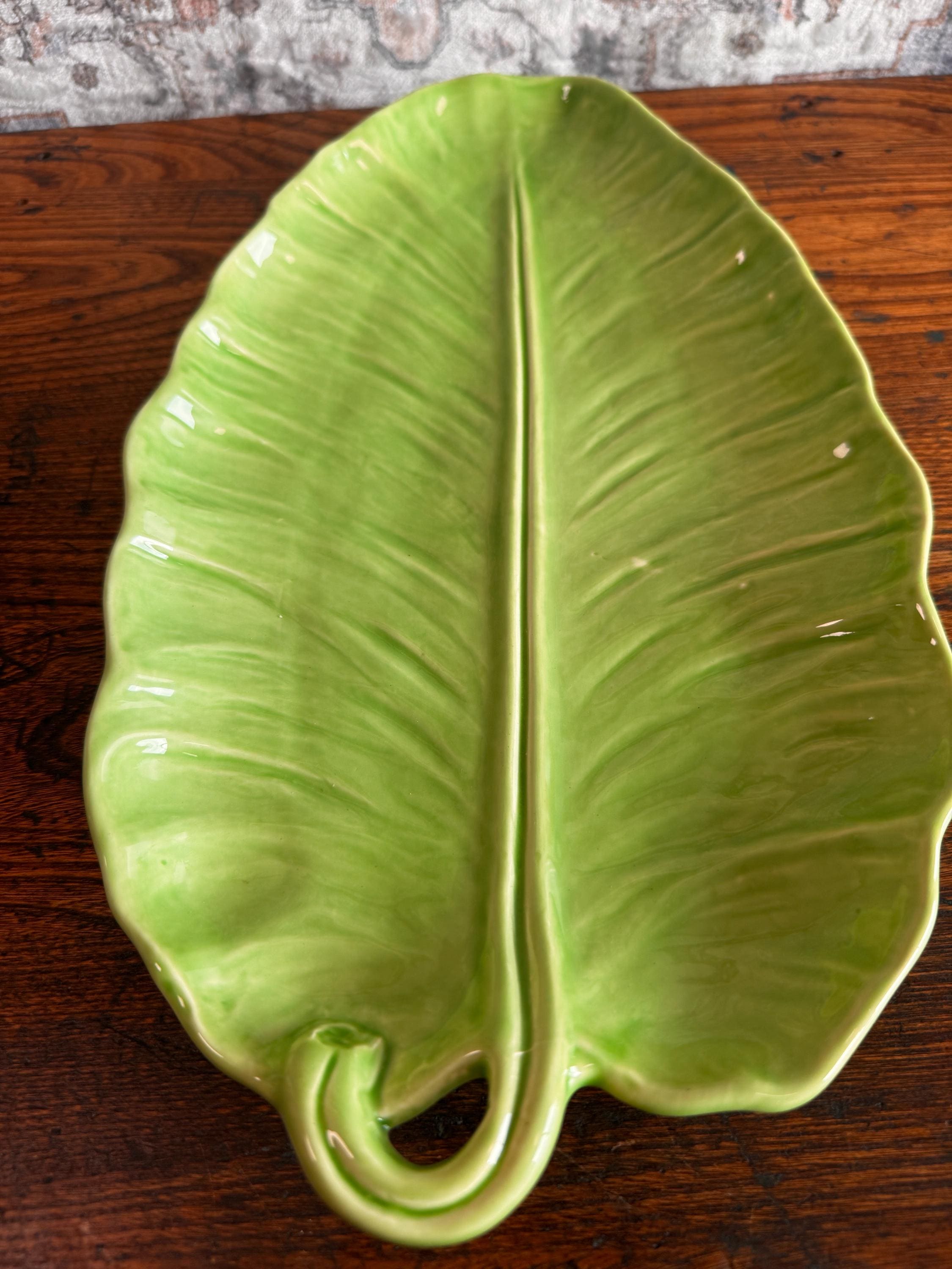 Green Ceramic Leaf-Shaped Serving Platter